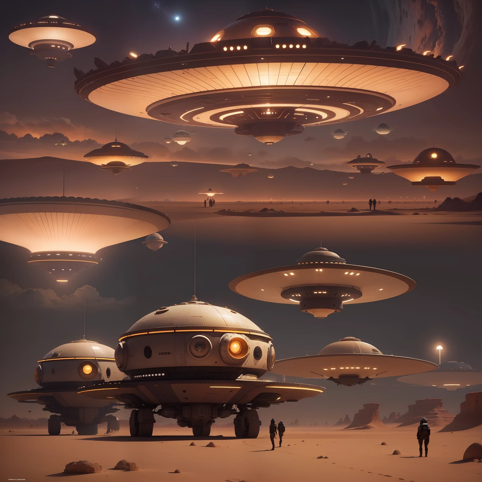 a flying saucer mothership, parada sobre o deserto, em uma noite escura, and from this mothership several small flying saucers coming out of the larger ship