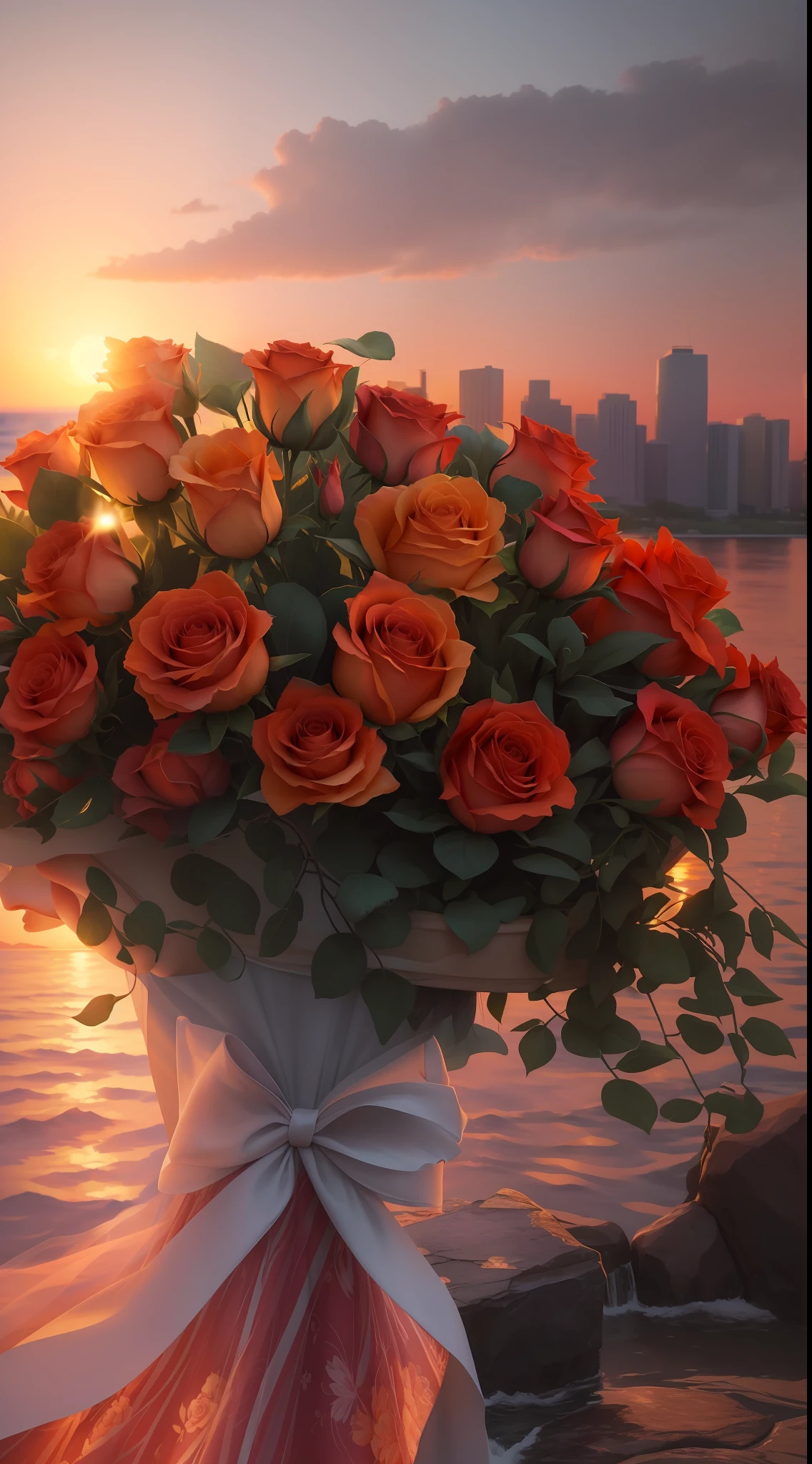 There is a bouquet of roses on the rocks by the water, floral sunset, gorgeous romantic sunset, elegant flowers, flower bouquet, Lovely, Romantic!!!, rosette, jaw-droppingly beautiful, Beautiful and elegant, ellegance, Romantic, roses in cinematic light, Jaw-dropping beauty, romantic motifs, Rose tones, stunning view, pastel roses, for a beautiful, Very romantic