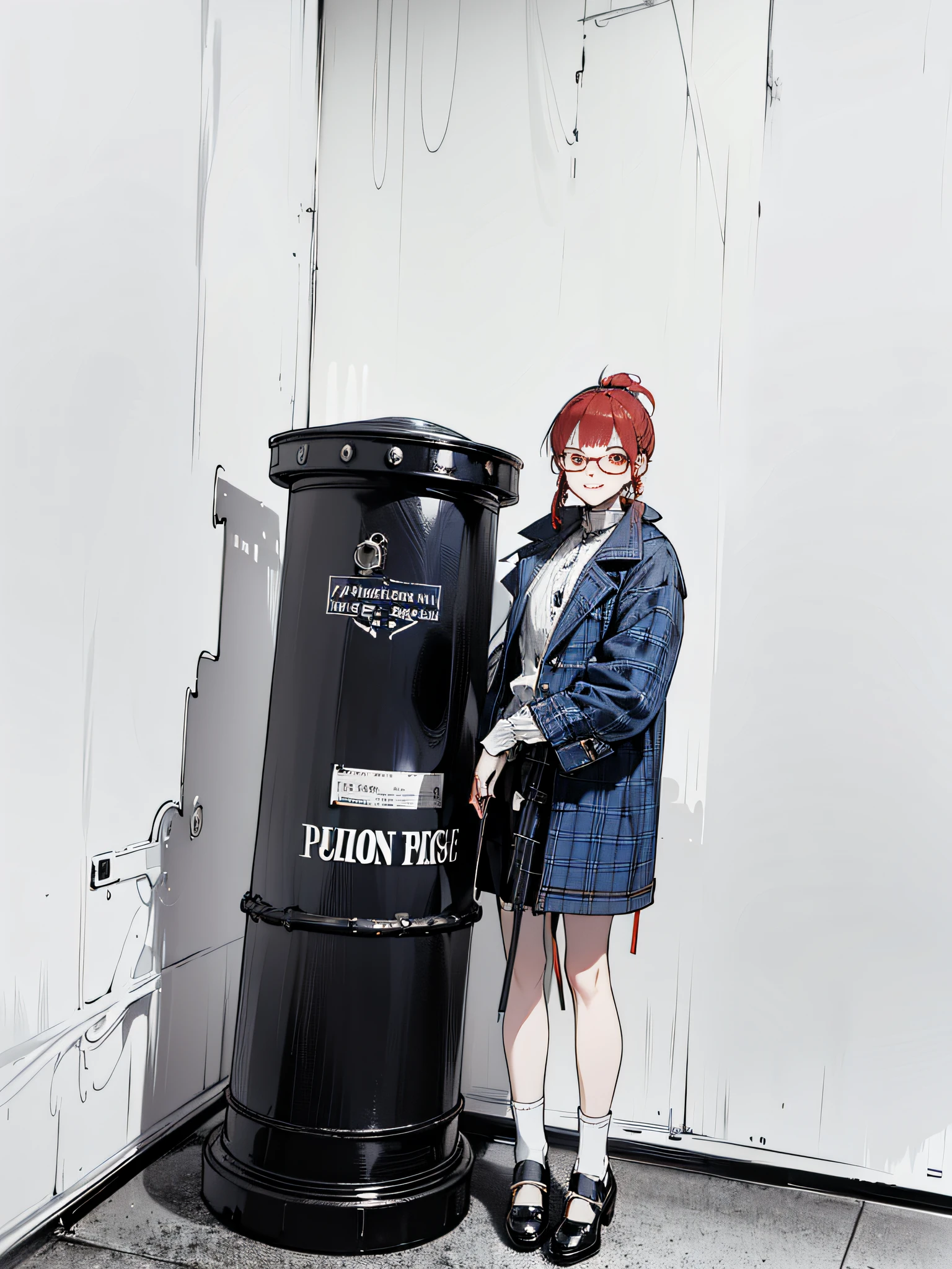 Stand next to the black mailbox,, Red hair, hair tying, wears glasses, Light smile, romanticism lain, Fuji colors, hyper HD, Masterpiece, Textured skin, Super detail, High details, High quality, Best quality, A high resolution，Plain white background wall，white legwear，Black shoes，Blue plaid coat，round frame glasses