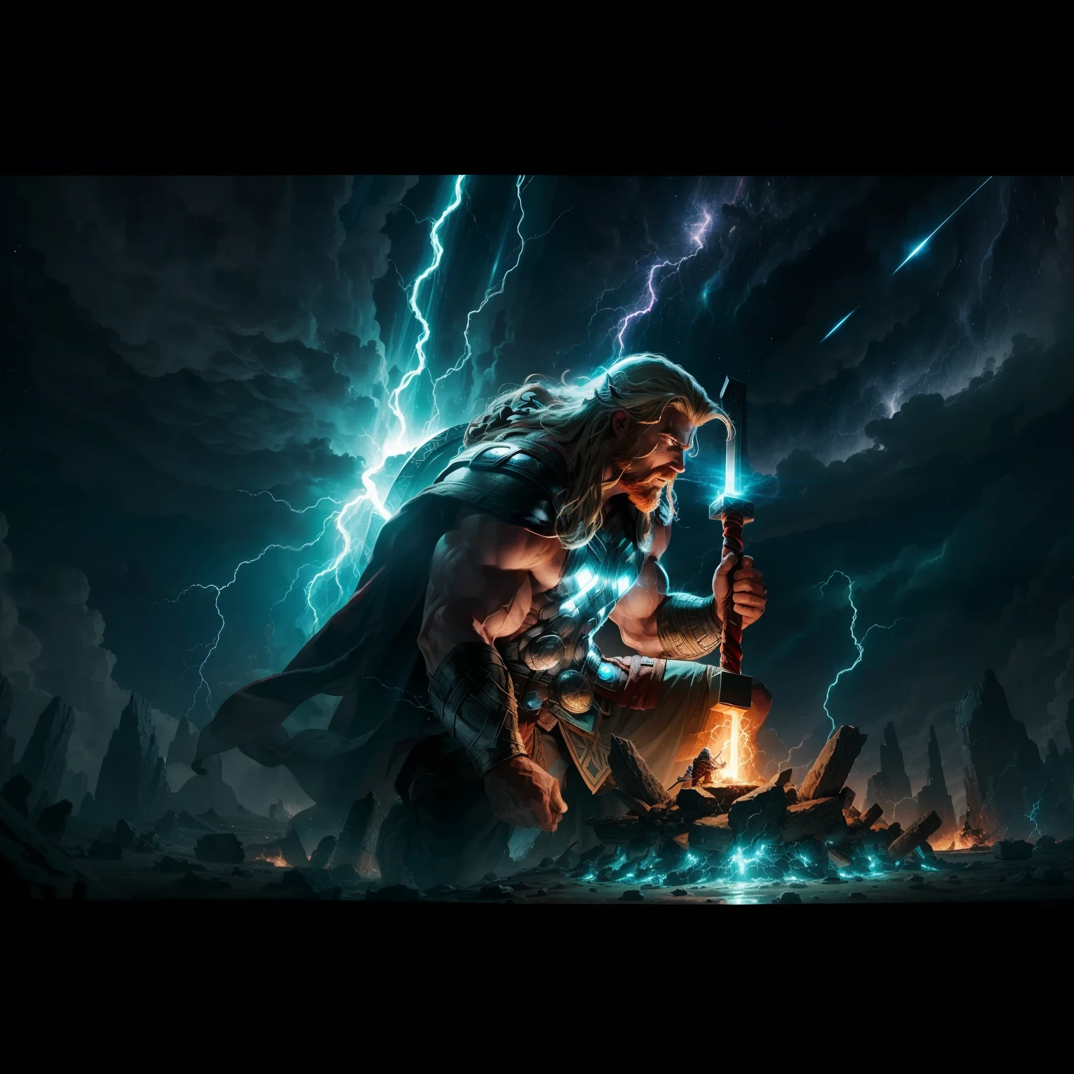 Thor, em seu manto de pele viking, Holding your hammer and defense position, Thor's hammer serving as a shield barring a flame of quantum energy, Barring an electromagnetic storm along with powerful comets. --auto