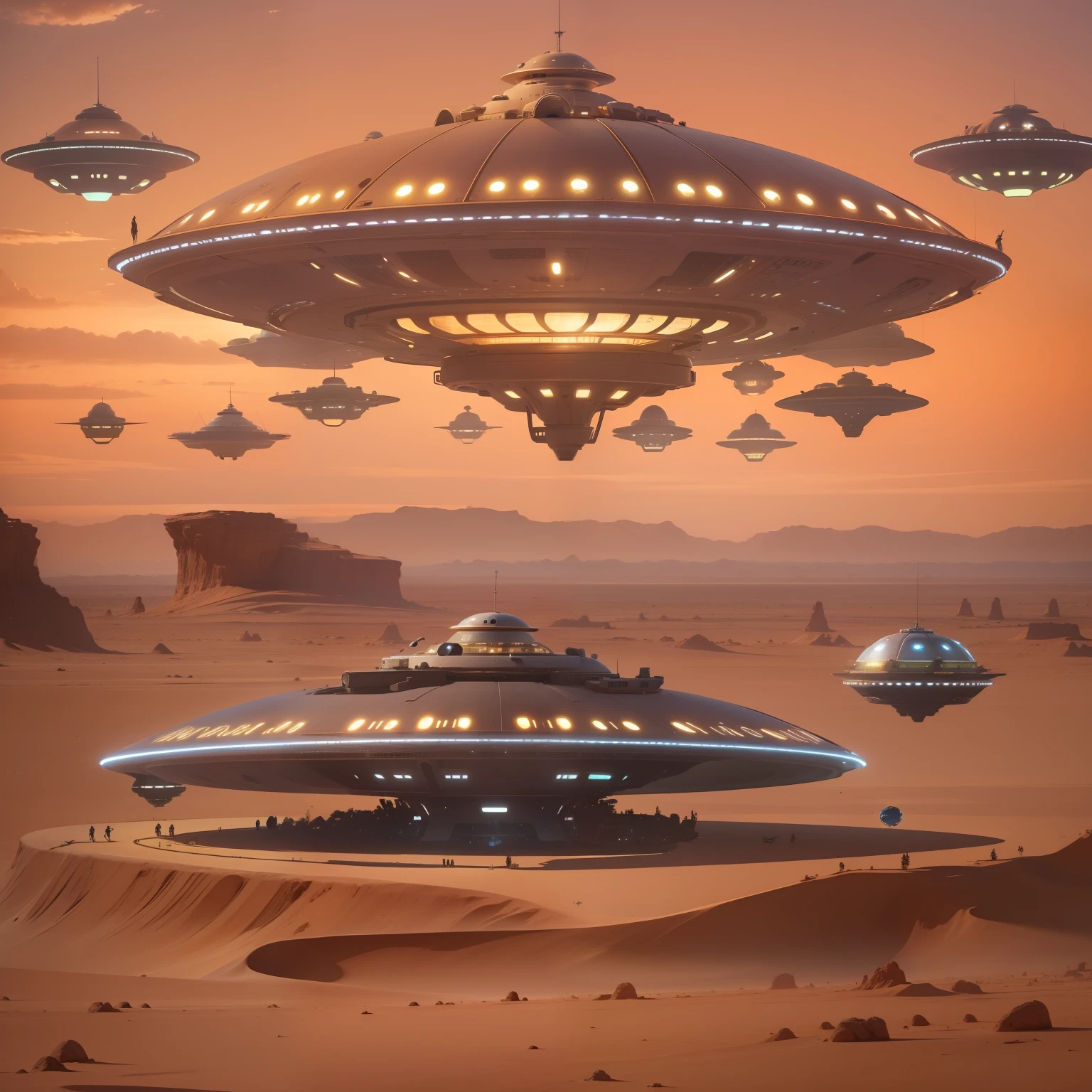 a flying saucer mothership, parada sobre o deserto, em uma noite escura, and from this mothership several small flying saucers coming out of the larger ship