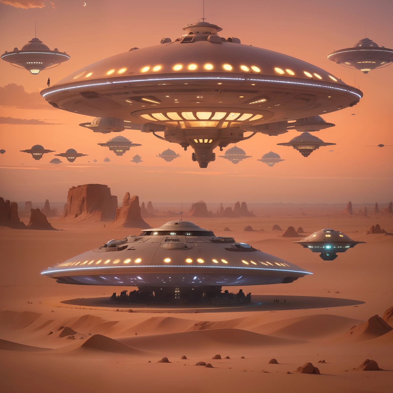 a flying saucer mothership, parada sobre o deserto, em uma noite escura, and from this mothership several small flying saucers coming out of the larger ship