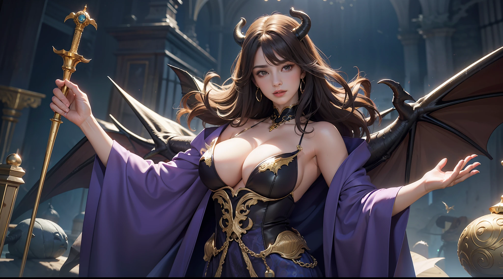 （8K，RAW photos，best qualtiy，tmasterpiece：1.2），ultra - detailed，offcial art，photo-realistic：1.37，upperbody shots，Confident and mature woman，Dragon's horn，Bat wings，Large breasts，magnificent robe，complex patterns，magia，borgar，Natural hair，filmgrain，actionpose