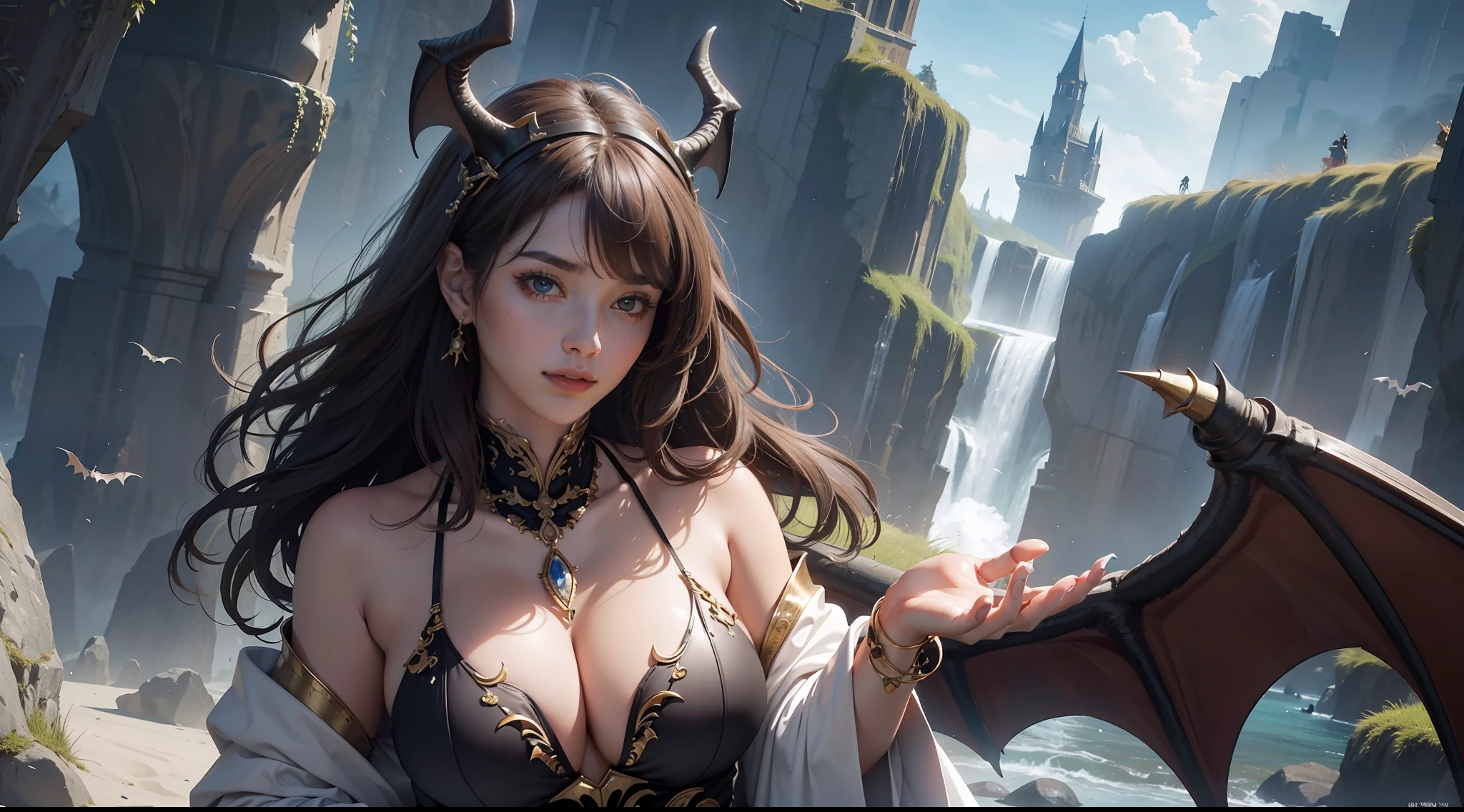 (8K,RAW photos,best qualtiy,tmasterpiece:1.2),ultra - detailed,offcial art,photo-realistic:1.37,upperbody shots,Confident and mature woman,Dragon's horn,Bat wings,Large breasts,magnificent robe,complex patterns,magia,borgar,Natural hair,filmgrain,actionpose