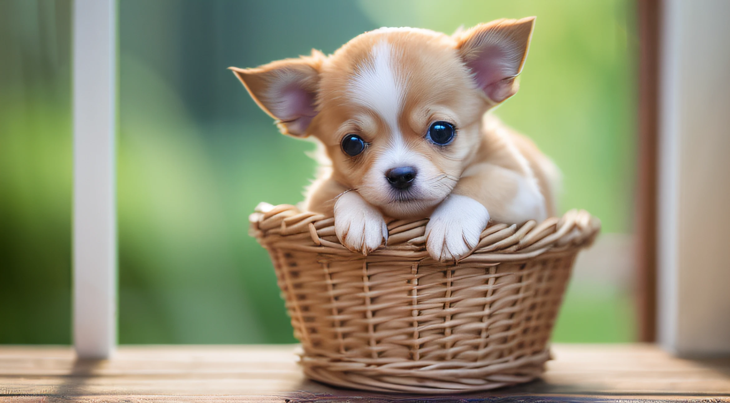 No humans、Chihuahua puppy、(((Has a small)))、In the basket、in 8K、professional photograpy、Delicate、Vivid、Sheer sunlight、Light leak、masterpiece、(((lovely)))、plushies、Round pupils、