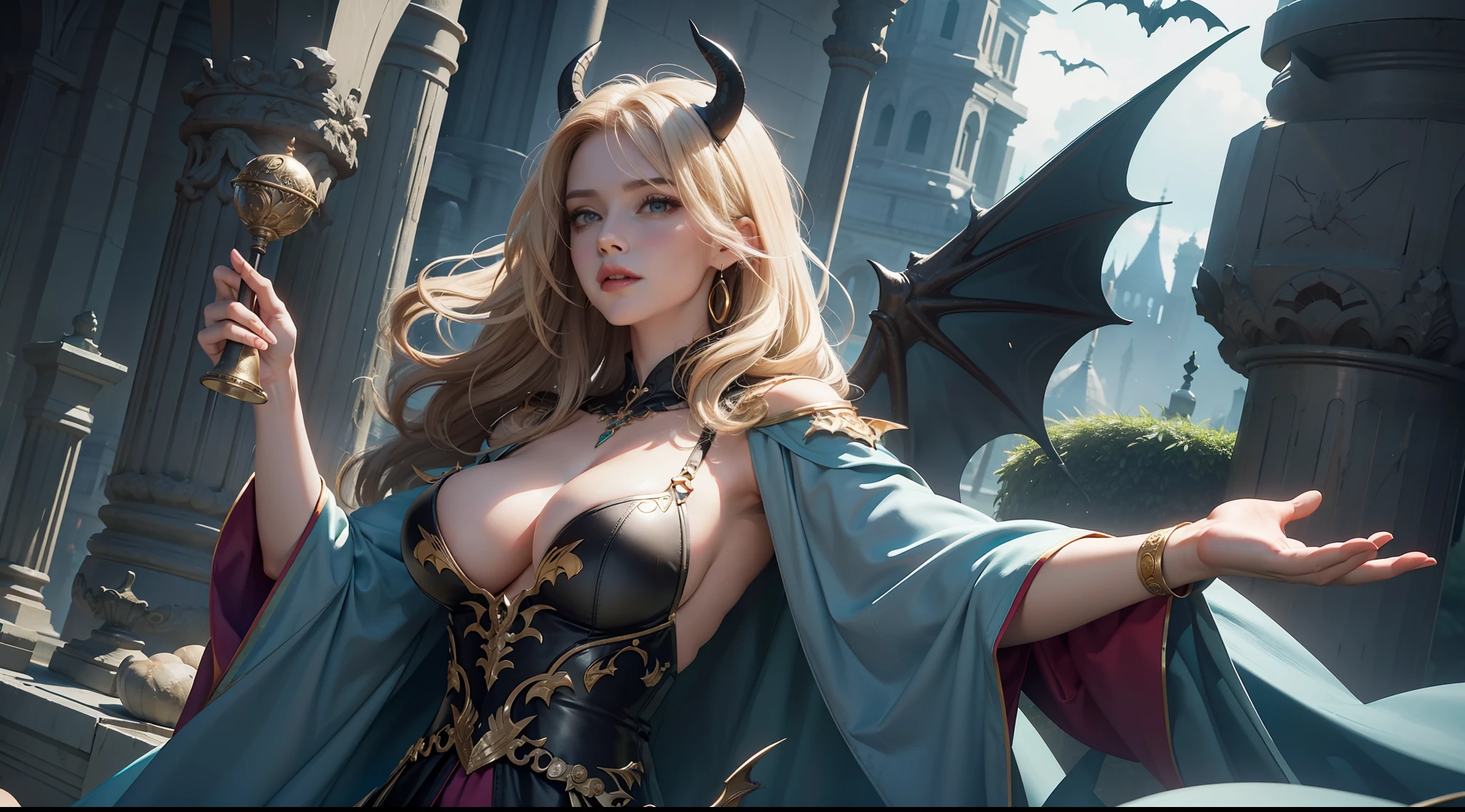 (8K,RAW photos,best qualtiy,tmasterpiece:1.2),ultra - detailed,offcial art,photo-realistic:1.37,upperbody shots,Confident and mature woman,Dragon's horn,Bat wings,Large breasts,magnificent robe,complex patterns,magia,borgar,Natural hair,filmgrain,actionpose