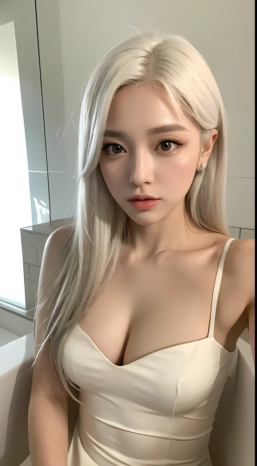 ((Realistic lighting, Best quality, 8K, Masterpiece: 1.3)), Focus: 1.2, 1girl, Perfect Body Beauty: 1.4, Slim Abs: 1.1, (( white Hair)), (Aqua Dress: 1.4), (Indoor, Night: 1.1),(lying with legs crossed in the bathtub:1) , top view, Bathroom, Super Fine Face, Fine Eyes, Double Eyelids,