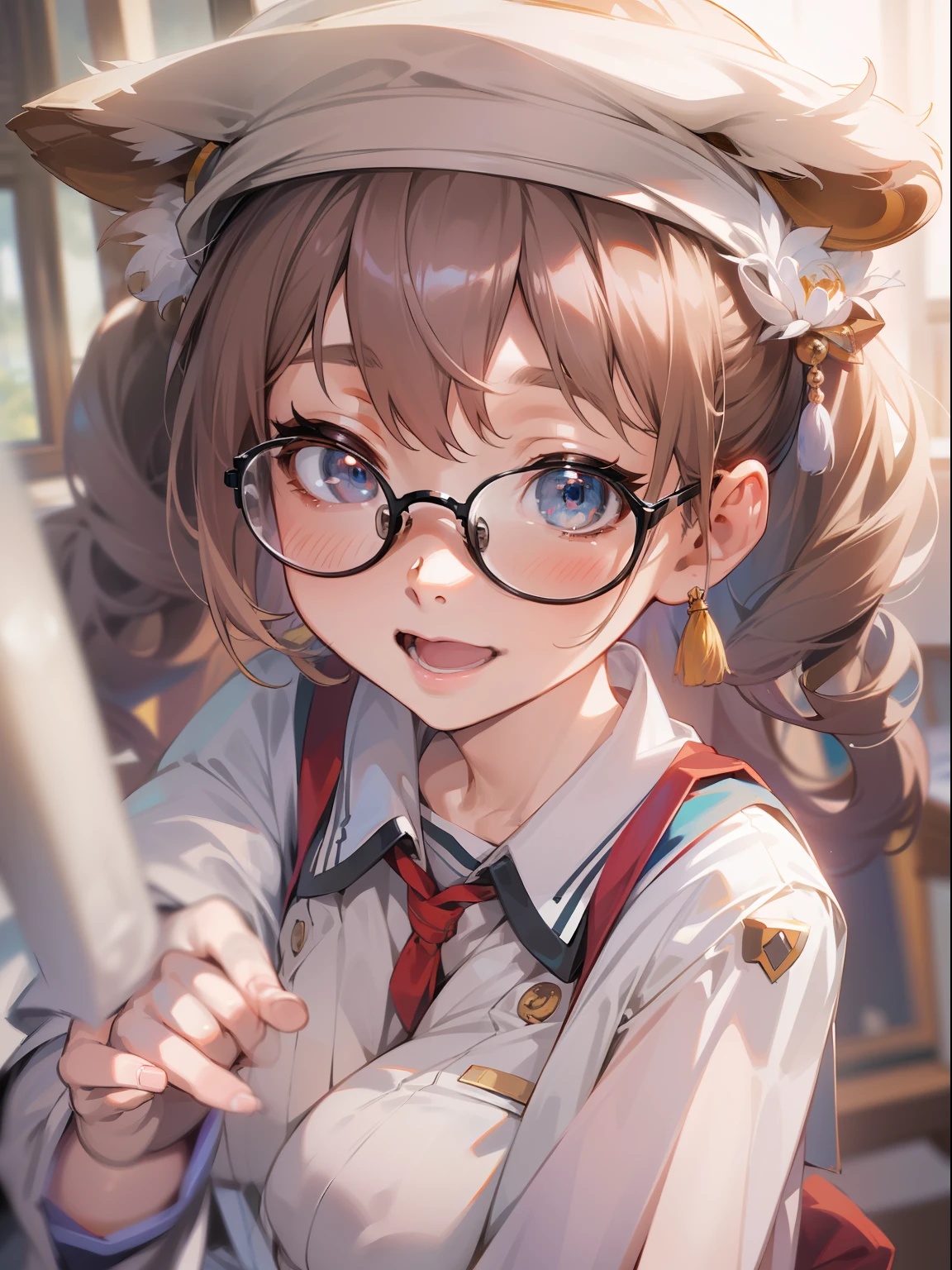 ulzzang-6500-v1.1, (raw photo:1.2), (photorealistic:1.4), beautiful detailed girl, very detailed eyes and face, beautiful detailed eyes, ridiculous, incredibly ridiculous, huge file size, super detailed, high resolution, very detailed, best quality, masterpiece, kemomimi, ((Japanese girls' high school uniform)), illustration, very detailed, CG, unified, 8k wallpaper, amazing, fine details, masterpiece, best quality, very detailed CG uniform 8k wallpaper, face light, cinematic lighting, 1girl, 16 years old, (without panties)), (with glasses), ((dynamic pose))), (camel toe), (half), (pantyhose), (bent knees and legs sitting))