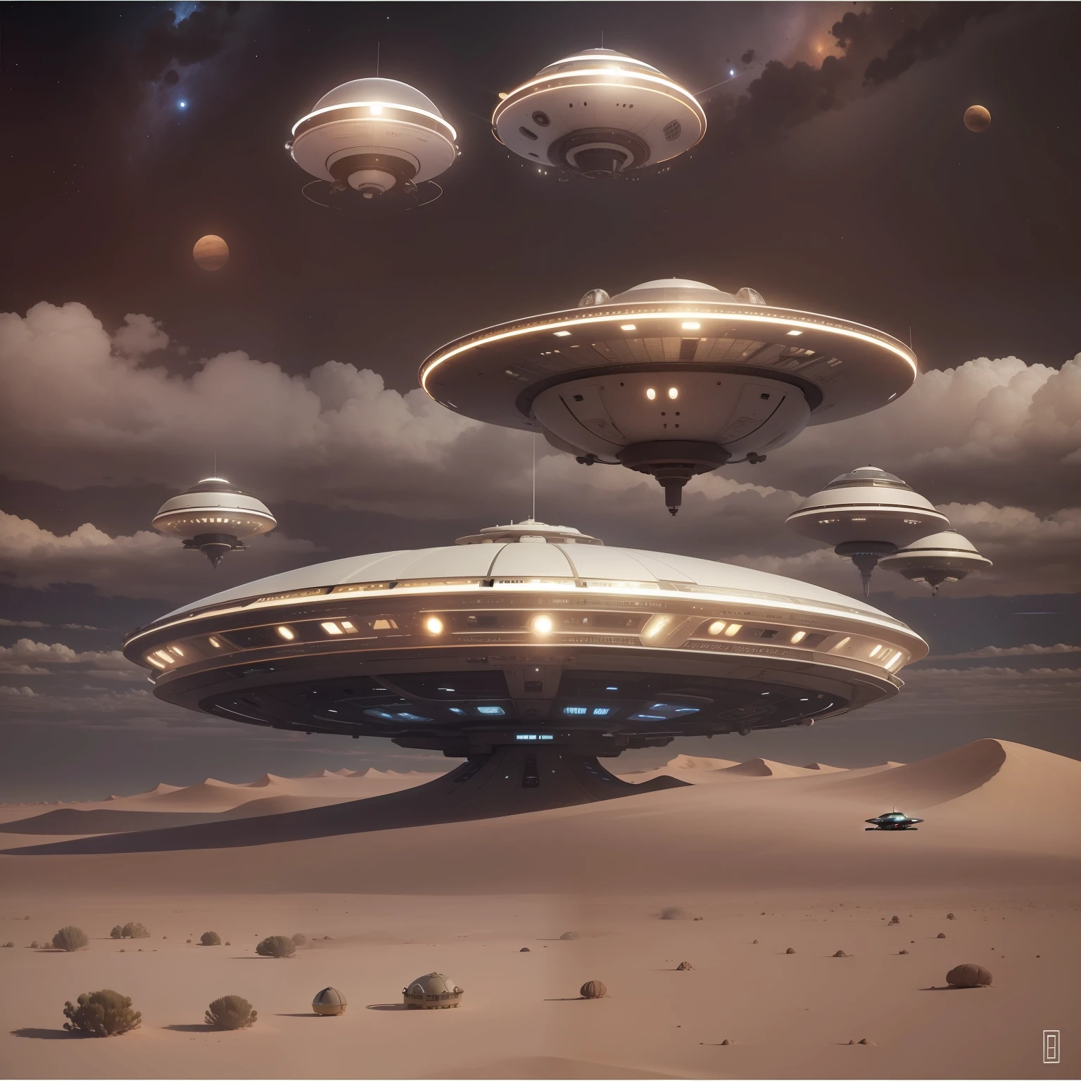 a flying saucer mothership, parada sobre o deserto, em uma noite escura, and from this mothership several small flying saucers coming out of the larger ship