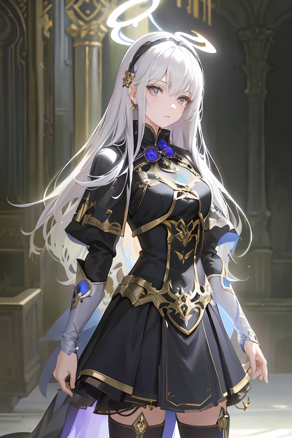 Anime - Stylistic image of a woman dressed in black and gold, Kushatt Krenz Key Art Women, shadowverse style, astri lohne, cute anime waifu in a nice dress, white-haired god, Detailed key anime art, fate grand order, Fine details. Girl Front, Stunning armor, trending on artstation pixiv