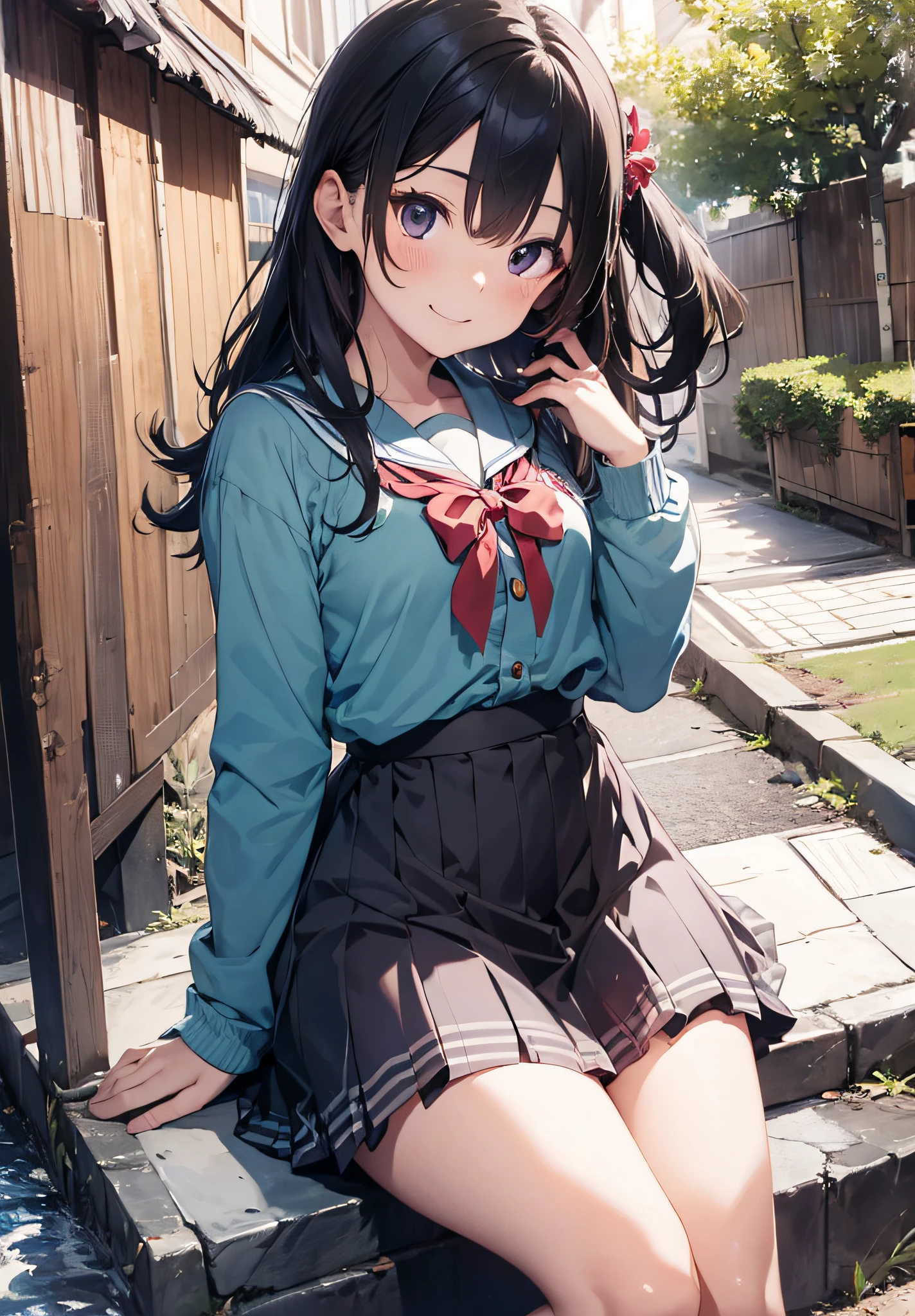 wave her hand、Skinny Legs、poneyTail、Extraordinary beauty、Cute face、The best smile、Cute smile、frontage、slender、straight haired、Schools、ulzzang -6500-v1.1, (Raw foto:1.2), (Photorealsitic:1.4),　a beautiful detailed girl, extremely detailed eye and face, beatiful detailed eyes, huge filesize, hight resolution, ighly detailed, top-quality, ​masterpiece, ((Japanese girls' high school uniform)), ighly detailed, nffsw, 8k wallpaper, magnifica, finely detail, top-quality, Highly detailed ticker uniform、 Light on the Face、电影灯光、16yo girl、、wakame、wakame、wakame、wakame、wakame、wakame wakame、wakame、wakame、wakame、wakame、wakame、wakame