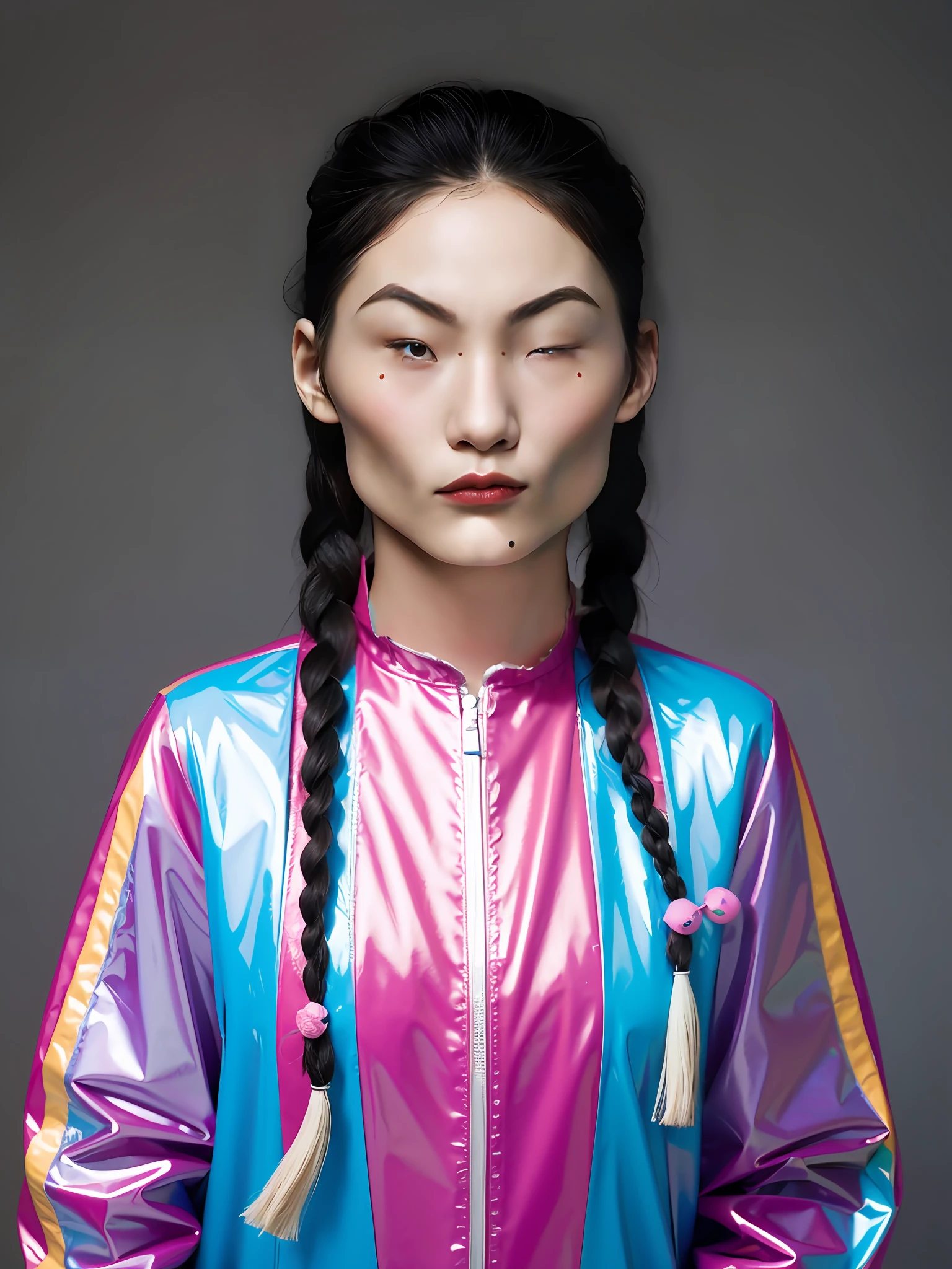 A Chinese high school girl，Wear colorful PVC casual clothes，Twist braids，greybackground