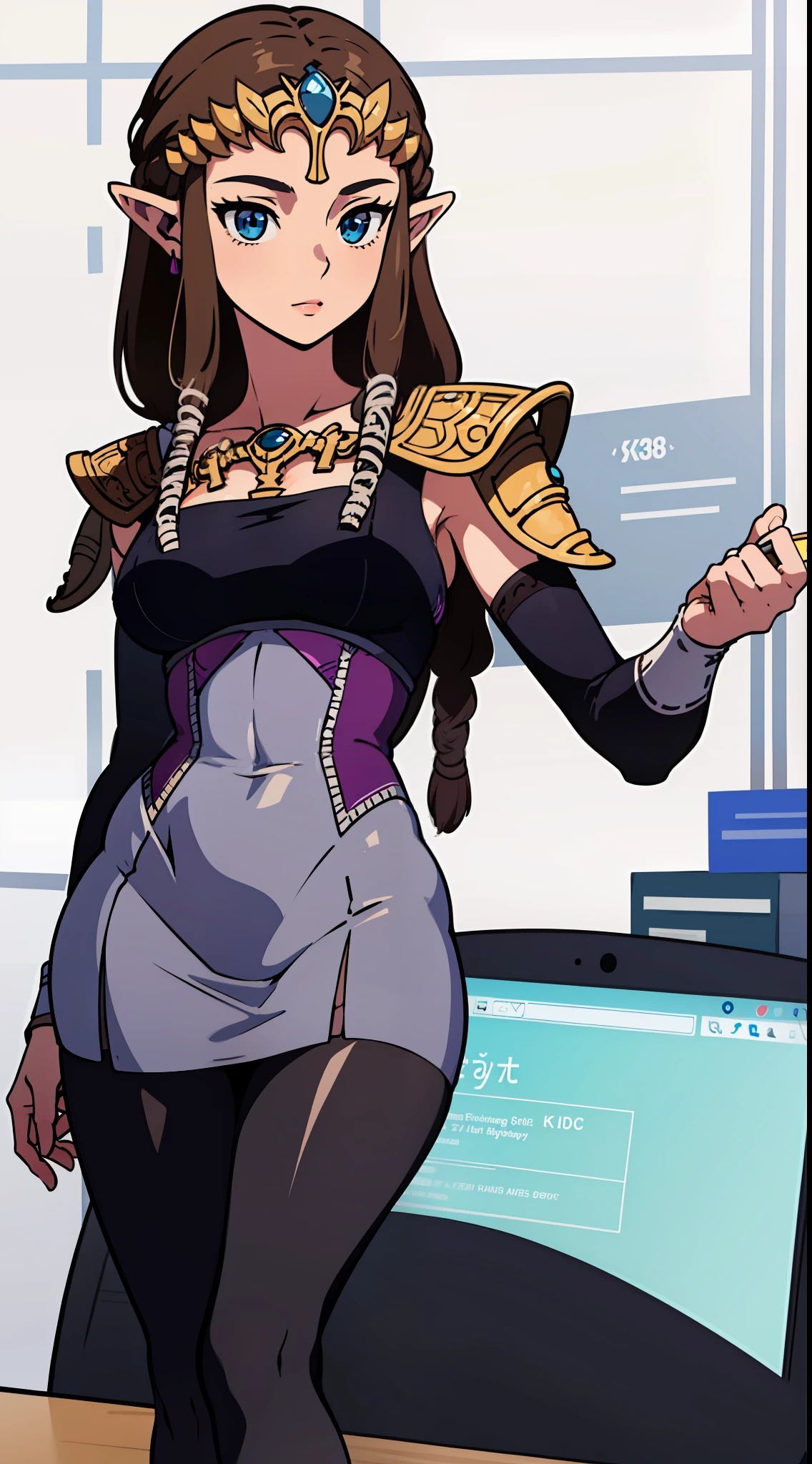 8K high quality, high accuracy, princess zelda, beautiful figure, beautiful face, small face, twilight princess, beautiful, office worker outfit, black suit, gray net tights, bright, highlights in eyes, blue eyes, small ears, brown hair, sexy, super big breasts, erotic, illustration, beautiful line drawing. Beautiful line drawing.