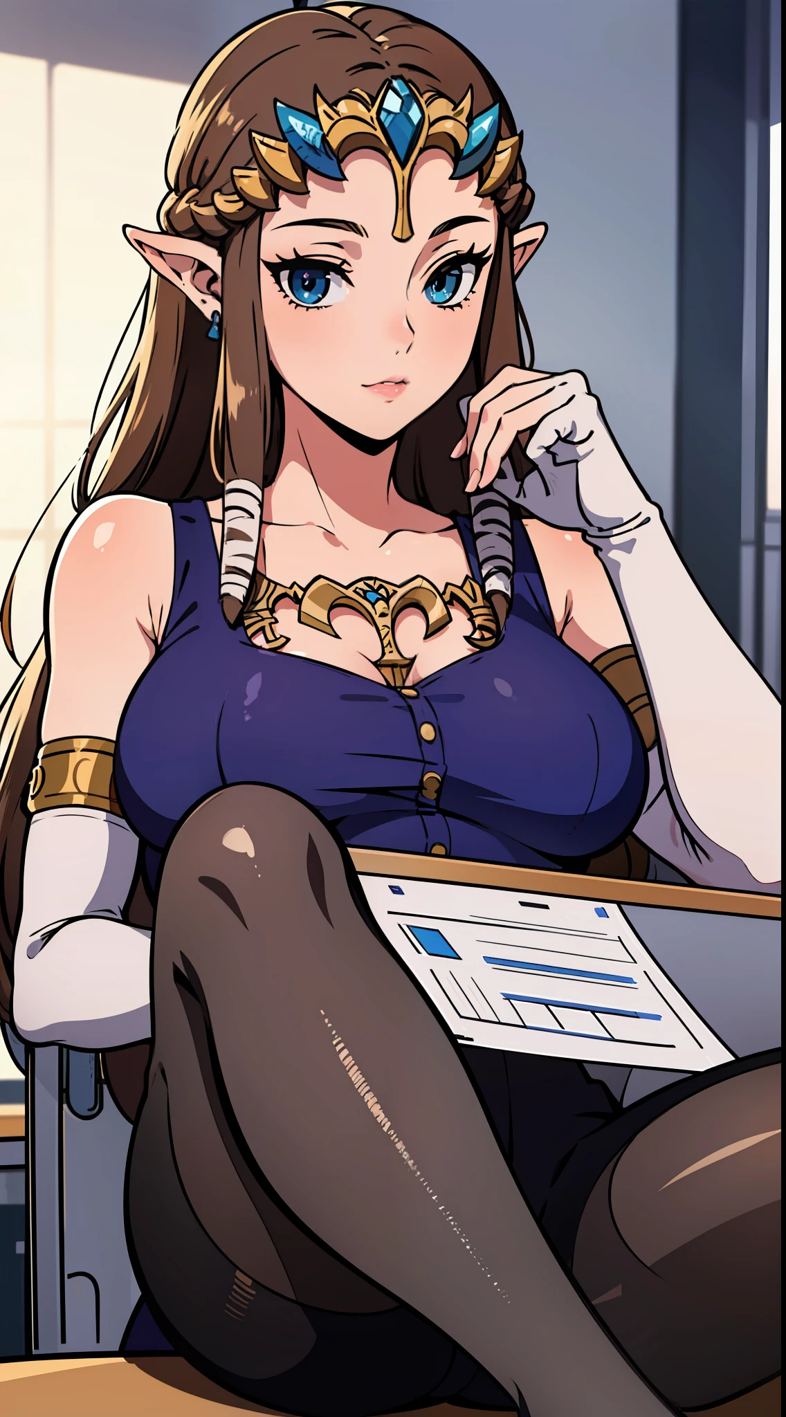 8K high quality, high accuracy, princess zelda, beautiful figure, beautiful face, small face, twilight princess, beautiful, office worker outfit, black suit, gray net tights, bright, highlights in eyes, blue eyes, small ears, brown hair, sexy, super big breasts, erotic, illustration, beautiful line drawing. Beautiful line drawing.