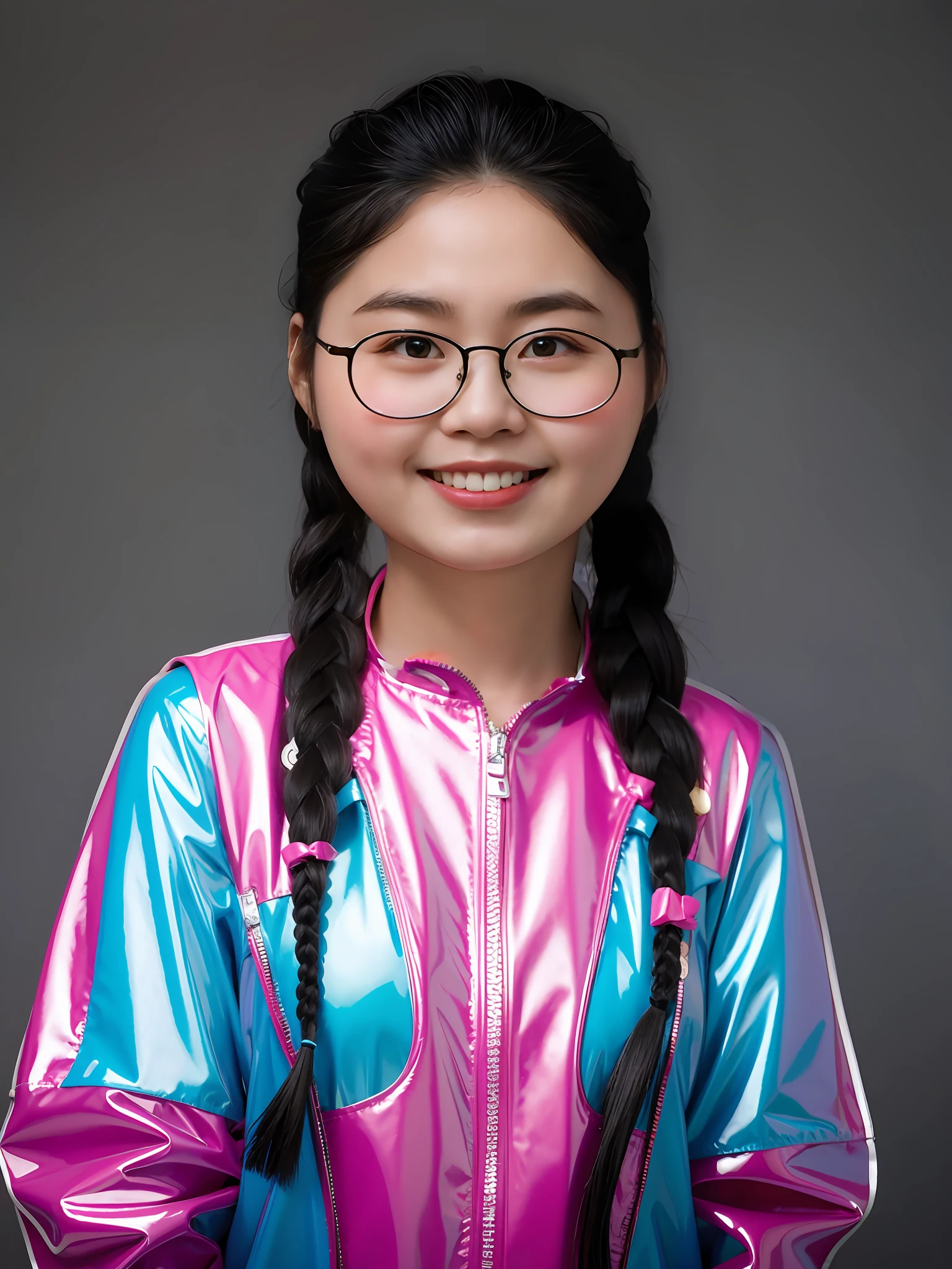 A Chinese high school girl,Wear colorful PVC casual clothes,Twist braids,greybackground