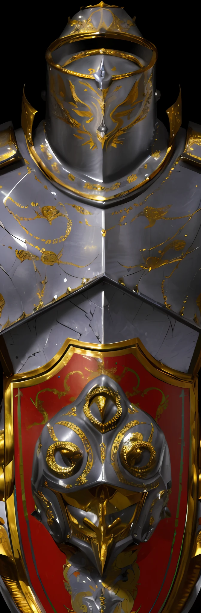 Close-up of helmet with gold and red design, Cracks in the armor, Silver armor，Thin gold trim, Silver armor，golden trim, Intricate armor details, Aging armor plating, exquisite helmet detail, unreal detail, hand painted textures on model, hyperdetailed metalwork, photogenic details on armor, Silvertone，golden trim, detailed intricate ornate armour