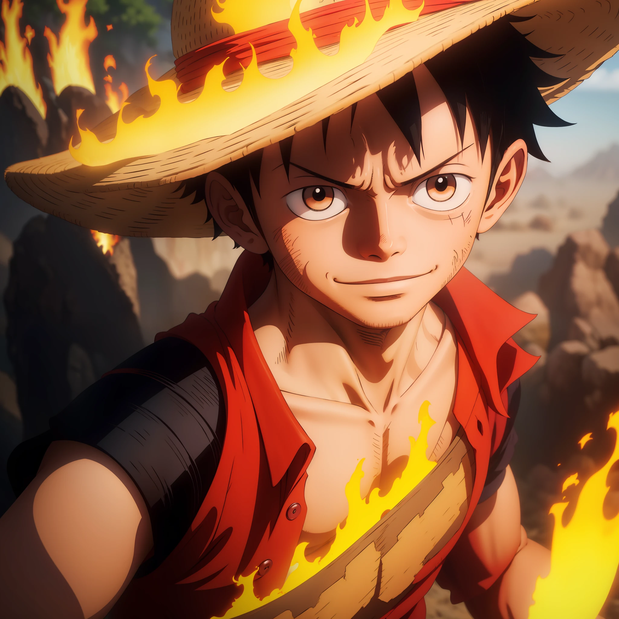 1boy, wanostyle, monkey d luffy, smiling, straw hat, looking at viewer, solo, upper body, ((masterpiece)), (best quality), (extremely detailed), depth of field, sketch, dark intense shadows, sharp focus, soft lighting, hdr, colorful, good composition, fire all around, spectacular, closed shirt, anime screencap, scar under eye, ready to fight, black eyes