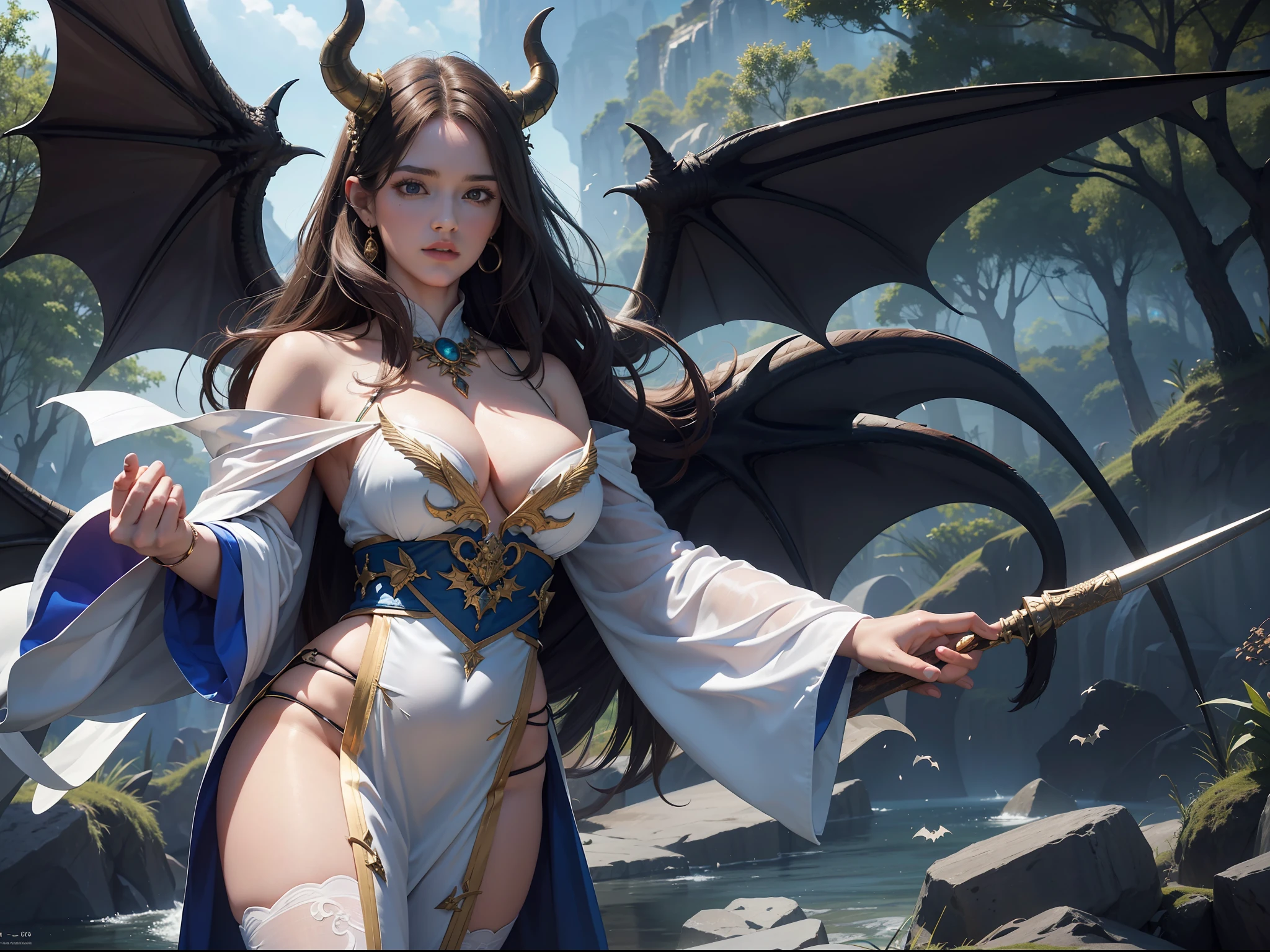 （8k，RAW photos，best qualtiy，tmasterpiece：1.2），ultra - detailed，offcial art，photo-realistic：1.37，upperbody shots，Confident and mature woman，Dragon's horn，Bat wings，Large breasts，magnificent robe，complex patterns，magia，borgar，Natural hair，filmgrain，actionpose