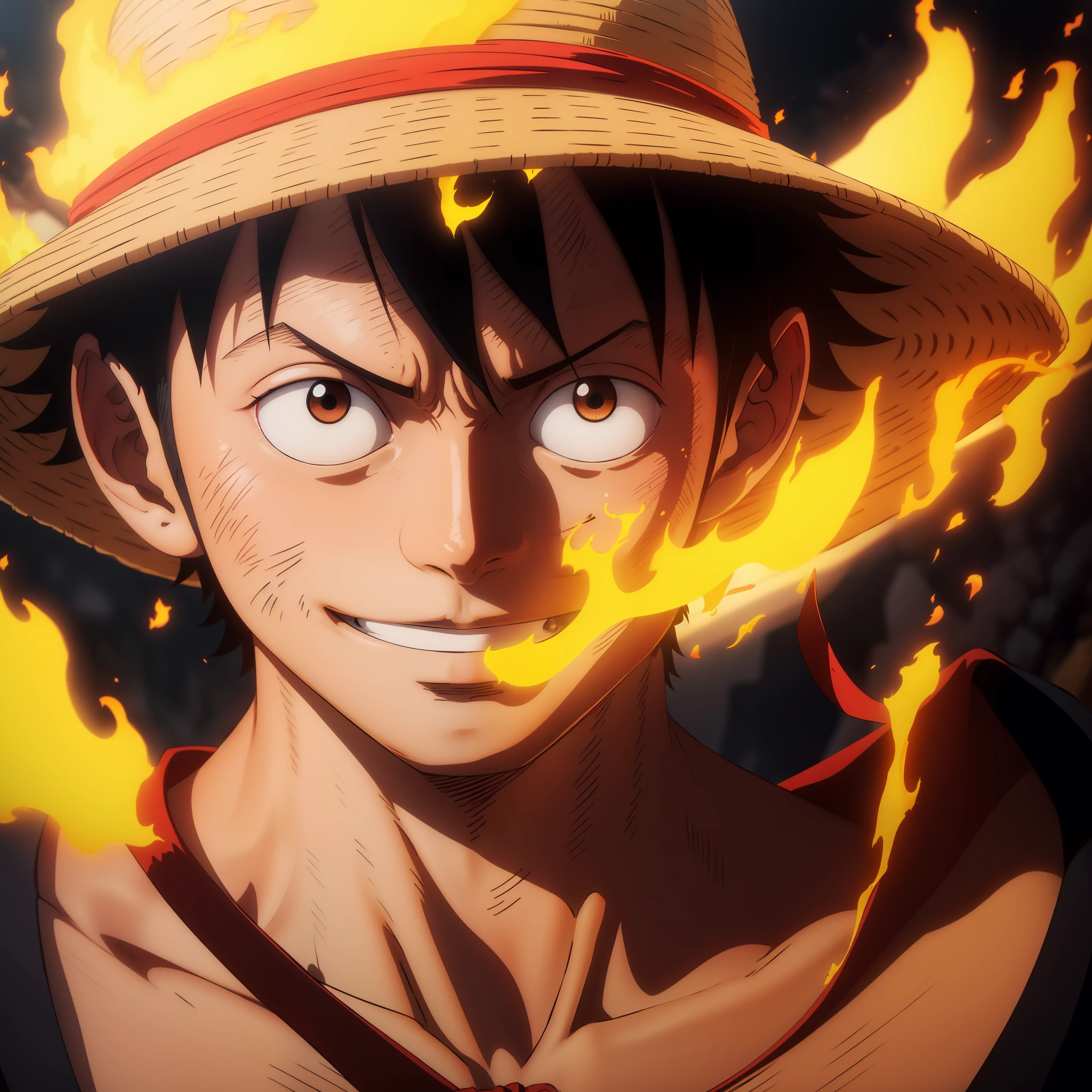 1boy, wanostyle, monkey d luffy, smiling, straw hat, looking at viewer, solo, upper body, ((masterpiece)), (best quality), (extremely detailed), depth of field, sketch, dark intense shadows, sharp focus, soft lighting, hdr, colorful, good composition, fire all around, spectacular, closed shirt, anime screencap, scar under eye, ready to fight, black eyes