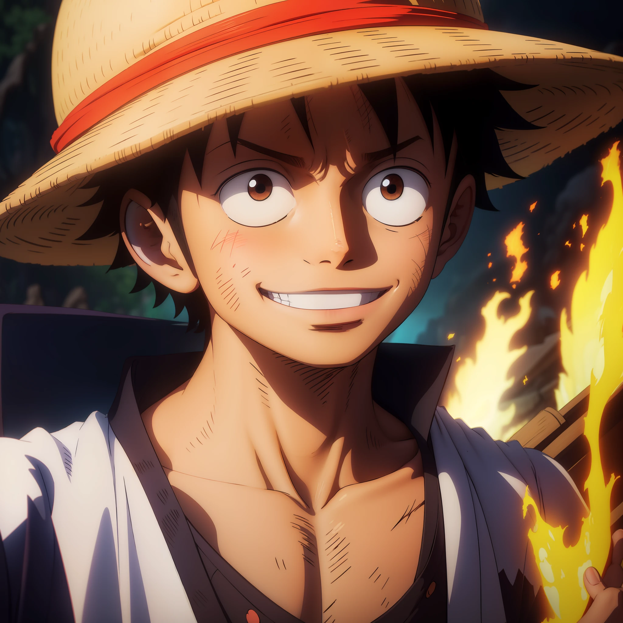 1boy, wanostyle, monkey d luffy, smiling, straw hat, looking at viewer, solo, upper body, ((masterpiece)), (best quality), (extremely detailed), depth of field, sketch, dark intense shadows, sharp focus, soft lighting, hdr, colorful, good composition, fire all around, spectacular, closed shirt, anime screencap, scar under eye, ready to fight, black eyes