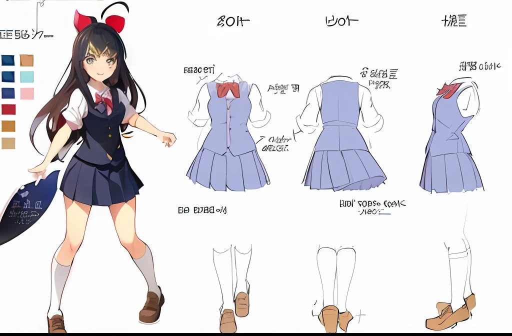 a close up of a drawing of a girl in a school uniform, magical school student uniform, jk uniform, magic school uniform, anime moe artstyle, official concept art, anime character reference sheet, concept art of comiket cosplay, official character art, outfit design, anime full body illustration, small curvy loli, school uniform, yandere, ecchi anime style
