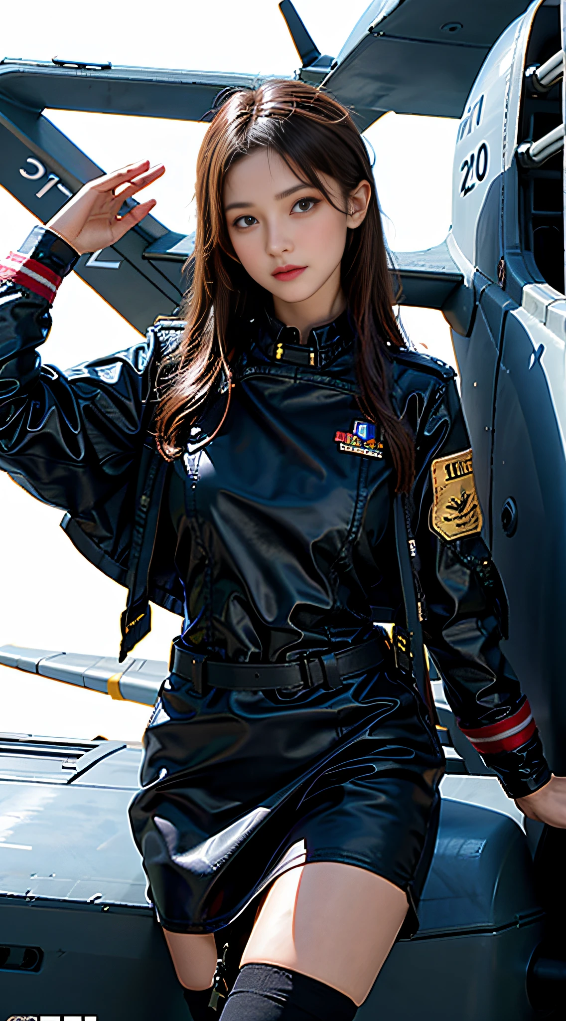 Arad woman standing in front of airplane in military uniform, inspired by portrait of Jill Elfgren, tumblr, fantastic realism, girl with warship parts, pilot costume, perfect military composure, in full military uniform, cute pilot girl, pilot girl, in military uniform, military girl, charming and seductive, 70s jet fighter pilot girl, korean female fashion model, good hips and long legs