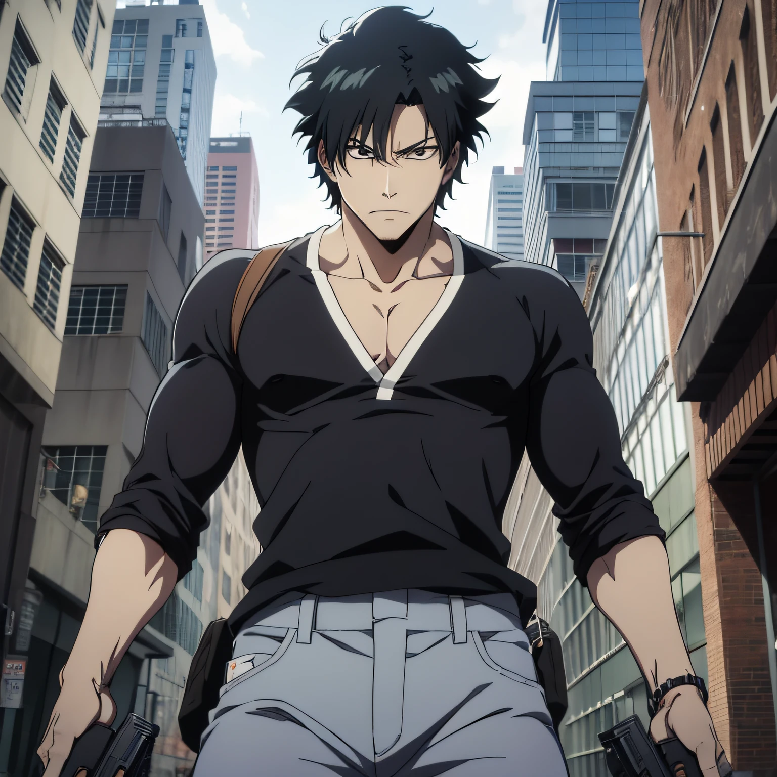 a man holding a gun near a building, alto e muito musculoso, cabelos pretos curto, wearing tight black shirt and gray pants, com sorriso insano, cruel expression, personagem de anime masculino, Gatilho Estilo de Arte de Anime, como um personagem de anime, estilo anime sombrio, kentaro miura manga style, Hijikata Toushirou de Gintama, estilo baki, kentaro miura manga art style, imagem de anime shuushuu Shonen, Epic anime style, cinematic lighthing, Epic composition, rosto detalhado, olhos detalhados, extremamente detalhado.