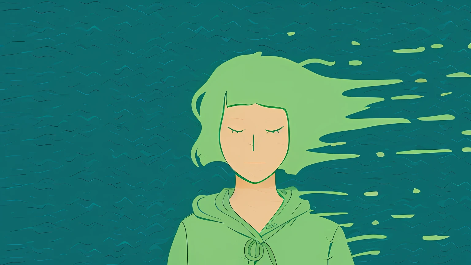 Illustration of a green-haired woman blowing in the wind, green flowing hair, green wavy hair, 2D illustration, 2 d illustration, Anime girl with teal hair, Green hair, lofi portrait, Floating. greenish-blue, serene illustration, wikihow illustration, lofi-girl, Hair is floating in the wind, blurry and dreamy illustration, lo-fi illustration style