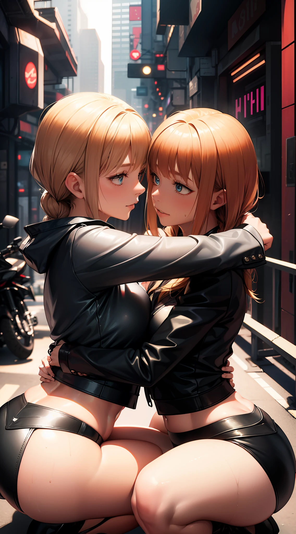 Two girls hugging,Skin highlight,The texture is strong,Face away from the camera,half squatting,Kneel,Side,blonde with blue eyes,Skinny leather miniskirt,Soft white underwear,Sweat runs on the skin,Background cyberpunk bridge,Global illumination,rich details