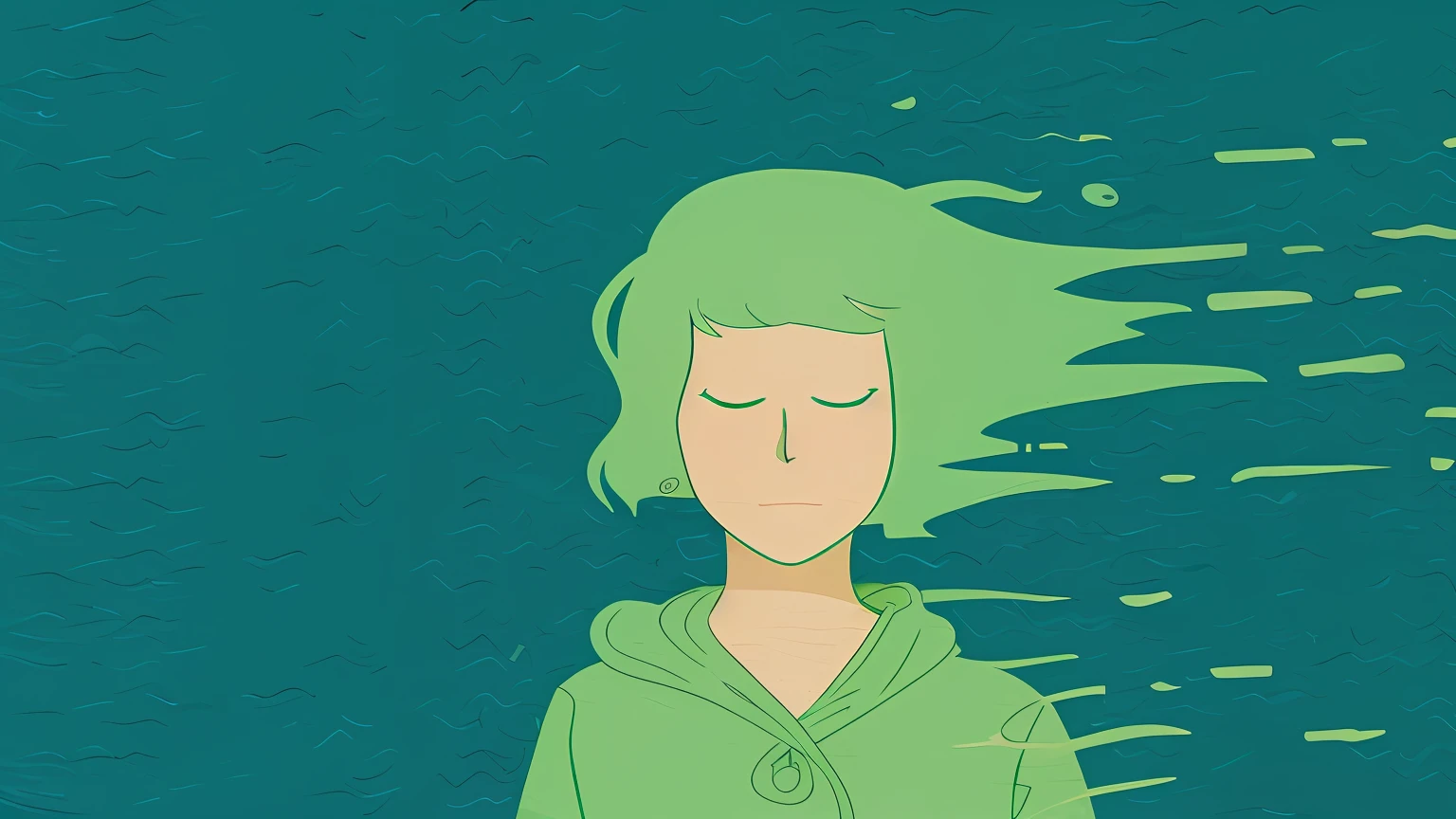 Illustration of a woman with big green wavy hair blowing in the wind, 2D illustration, 2 d illustration, Anime girl with teal hair, Green hair, lofi portrait, Floating. greenish-blue, serene illustration, wikihow illustration, lofi-girl, Hair is floating in the wind, blurry and dreamy illustration, art-style