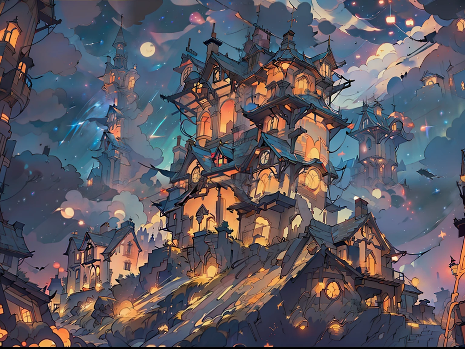 masterpiece, best quality, extremely details, gear, house, night sky, red lights, stars, universe, masterpiece, masterpiece, house, lightings, sci-fi, houses, town on the back, steam punk,