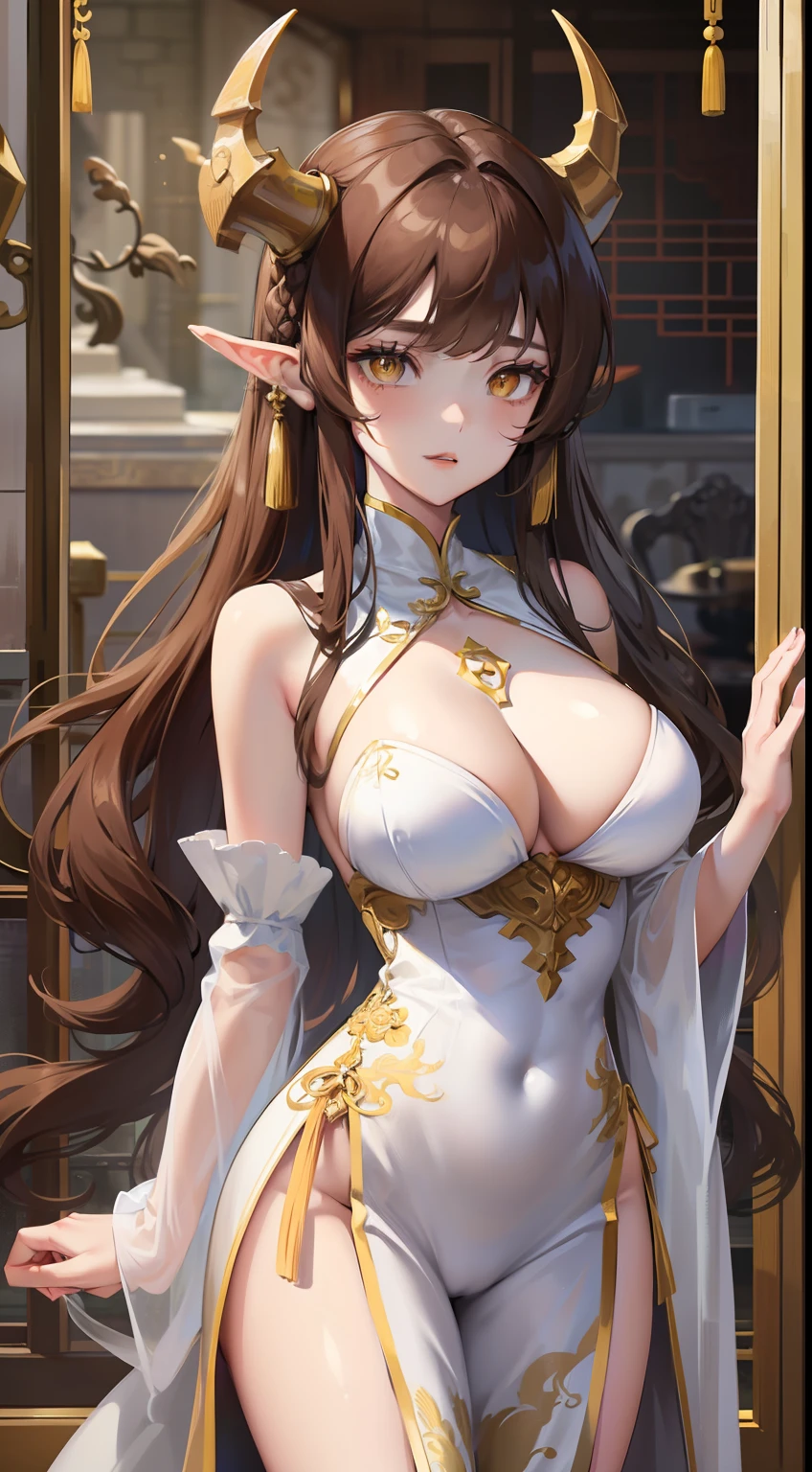 Tall girl, Long brown hair, dragon horns, Yellow eyes, white chinese dress, Gold inserts, open thighs, neckline on the chest, Masterpiece, hiquality