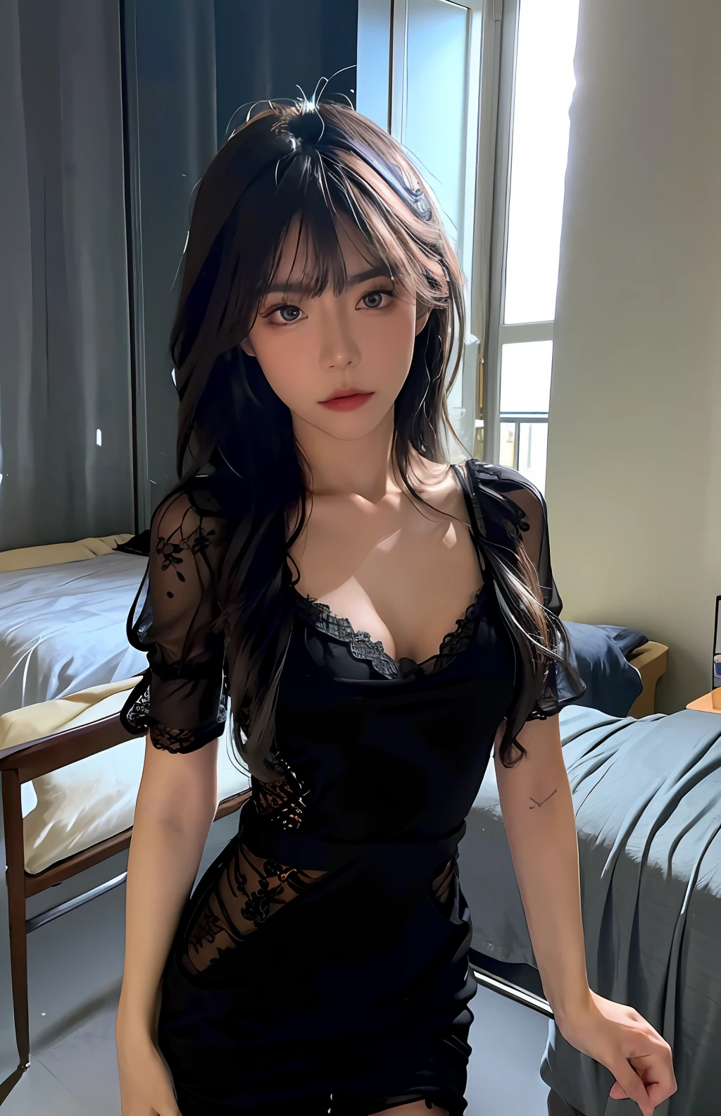 Best quality, masterpiece, ultra high res, (photorealistic:1.4), raw photo, 1girl, ((black lace nightgown)), ((small breast)), cold light