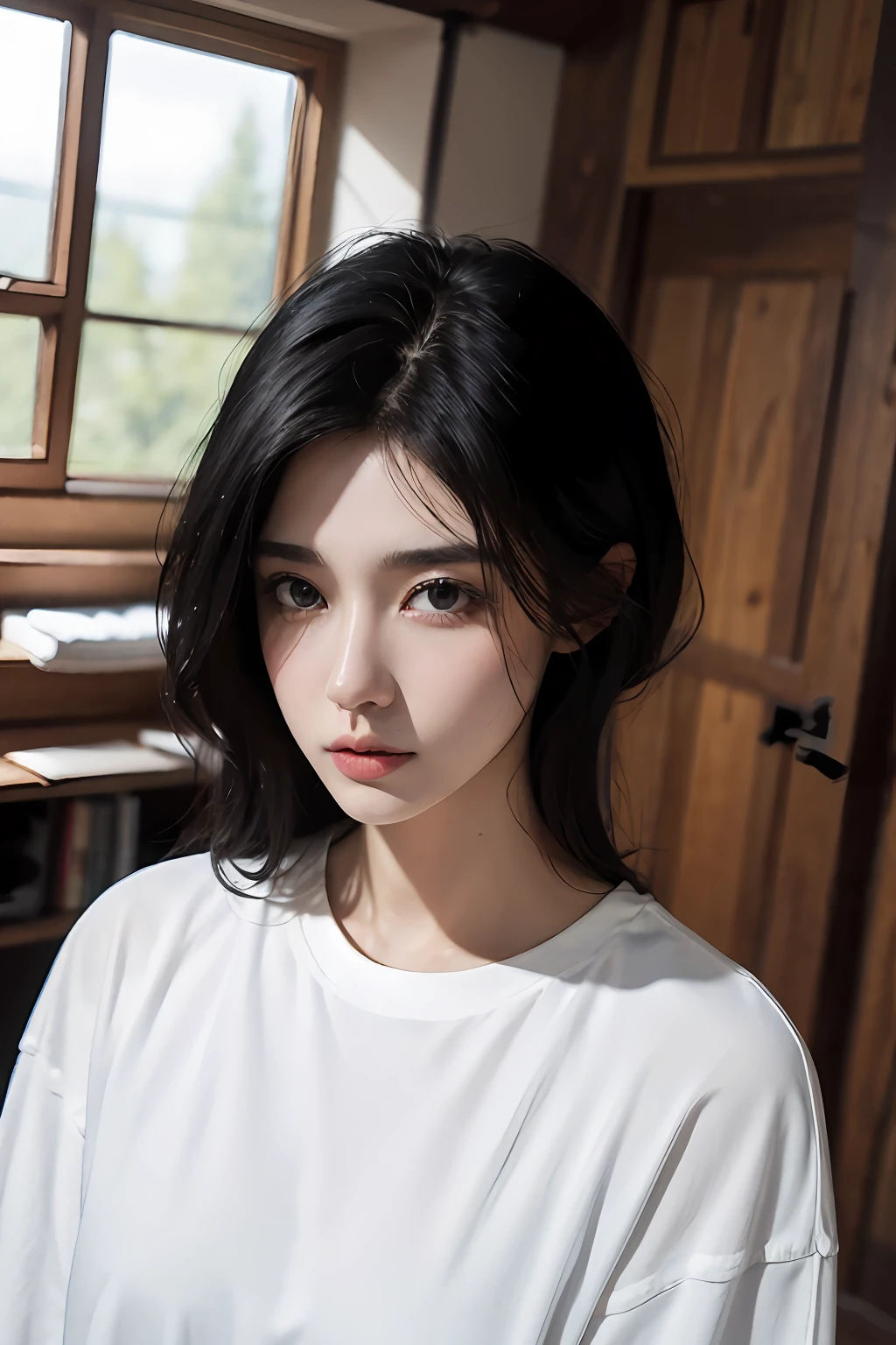 Black hair, Super detail in 8K, Best quality, high resolution, Pure beauty,White top,denim pant,tall nose bridge