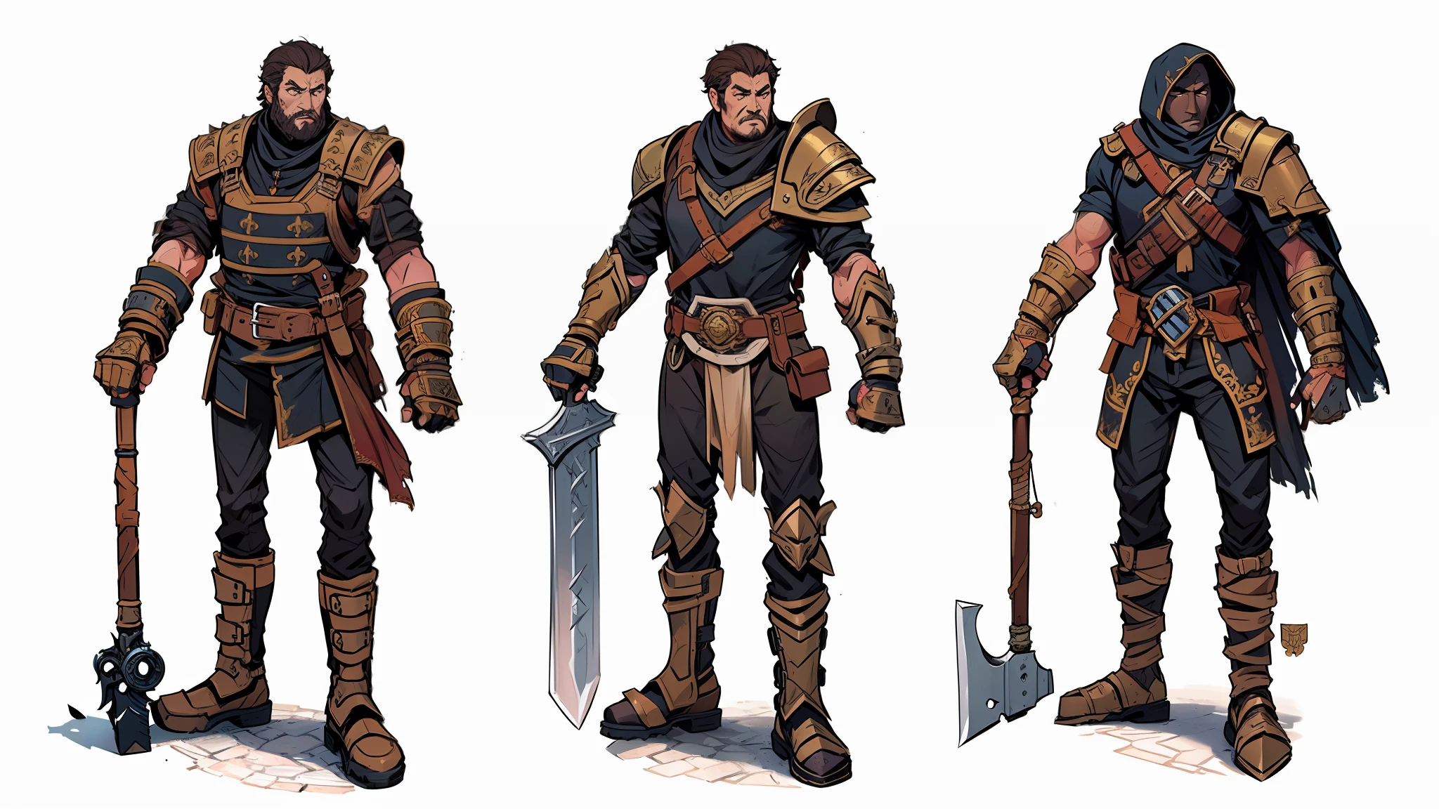 best quality, masterpiece, highly detailed, colored concept art sheet of three characters with weapons and leather and metal armor in a fantasy world, character concept art, warm colors, ultra sharp, realistic rendering, detailed full body, ultra detailed, 8k, trending on artstation, ultra realistic and sharp detail and intricate, intricate details, and style, simple background illustration, white flat background