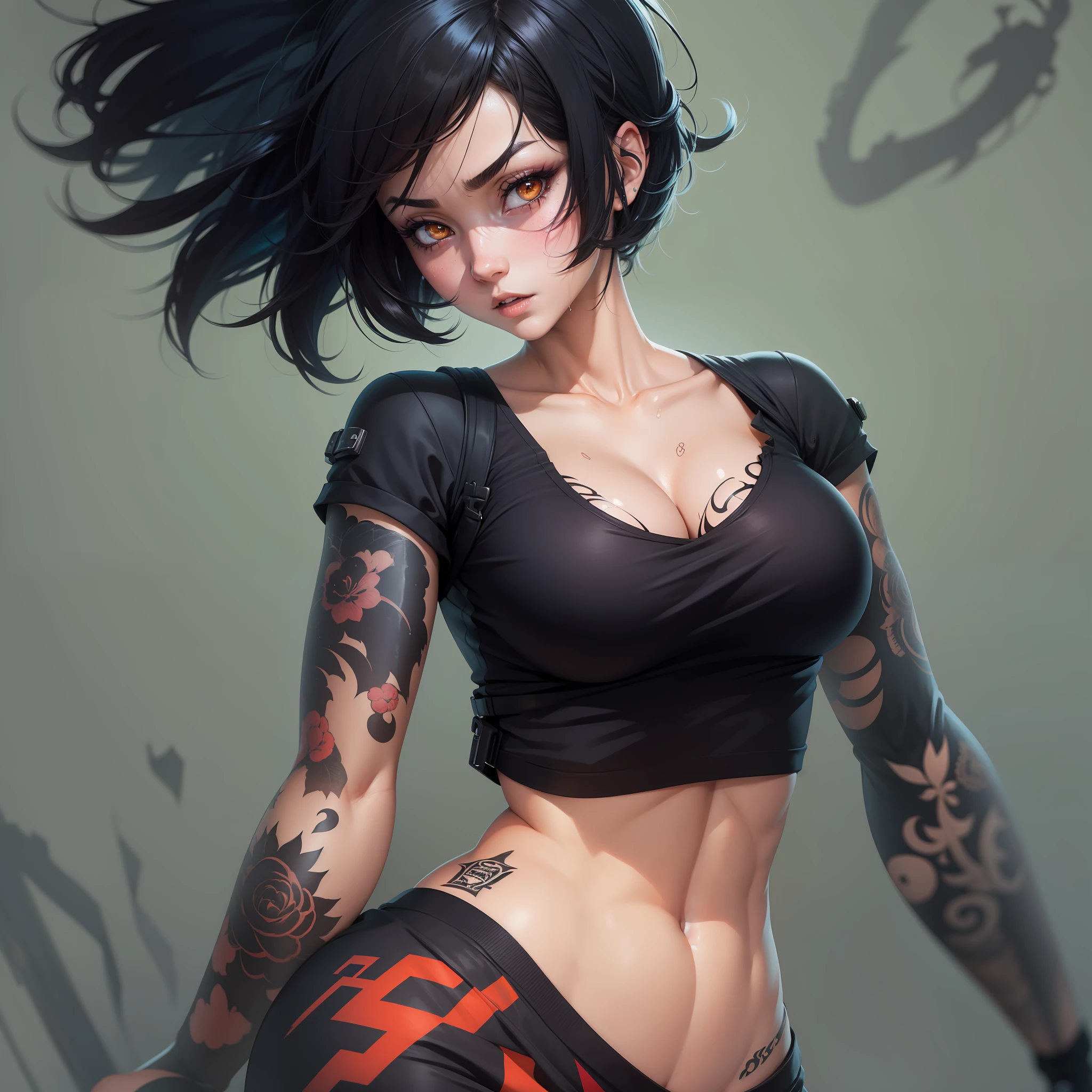 girl, fair skin, Yusuke Murata style, short hair, black hair, heterochromia, tattoos on right arm, anime digital art, beautiful anime girl, female anime girl, muscular!, big oppai, Ilya Kuvshinov, anime badass 8k, cyberpunk hair, very attractive, gothic, vampire eyes, beautiful face, sweaty body, short black hair, perfect body, Fit body, abs, big breasts, chubby butt,prancing ass, plump butt, goth clothes,