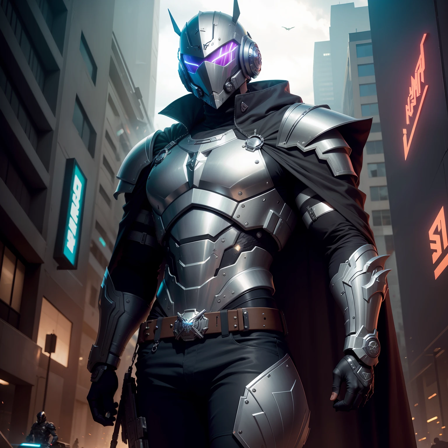 Make a version of a man, usando uma armadura completamente fechada, Feche o capacete, Torne-o mais musculoso, As if it were an army troop, com armadura medieval mas no estilo futurista e cyberpunk, com mais detalhes cyberpunk na armadura, Do this by wearing a cape on the back, Make a modern armor, com detalhes de led cyberpunk nela