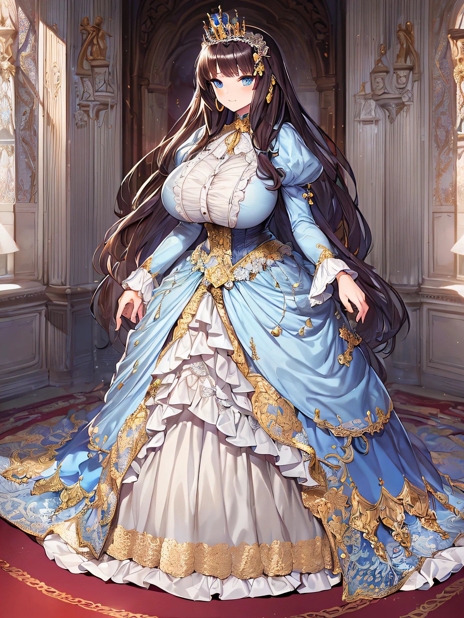 ((anime artstyle)),(Masterpiece),(Best Quality), (Super Detail),((Very Delicate and Beautiful)),((Solo)),((full body)),((1 princess in gorgeousfull victorian dress)),many ruffles,detailed face and eyes,jewel-like eyes,((voluminous Very Long Straight Hair)),((gorgeousfull embroidery and lace)),gorgeous corsage,See-through,gorgeousfull hair ornament,gorgeousfull glitter jeweled tiara,ornate ruffles,((gigantic breasts,Long breasts)),skindentation,((full body)),((hoop skirt,crinoline)),standing pose,Dynamic Angle,Looking at viewer,royal victorian palace,(((gorgeous embroidery gorgeousfull victorian dress)),full body