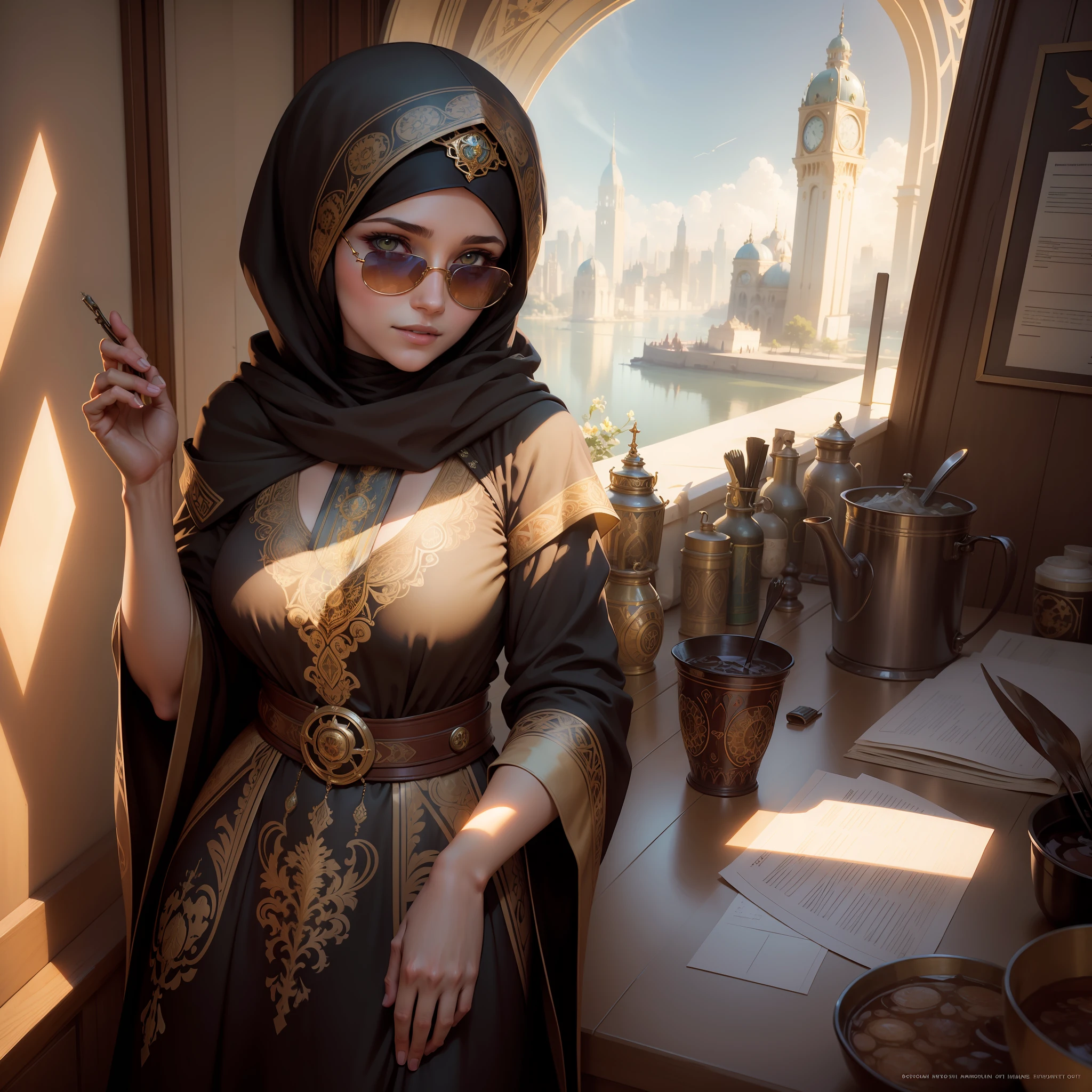 fog, reflection, sun rays, young happy albanian woman close up portrait, sunglasses with Hijab with Embellishments. downtown background, National geographic image, high resolution award winning image, unreal engine, greg rutkowski, loish, rhads, beeple, makoto shinkai and lois van baarle, ilya kuvshinov, rossdraws, tom bagshaw, alphonse mucha, global illumination, detailed and intricate environment