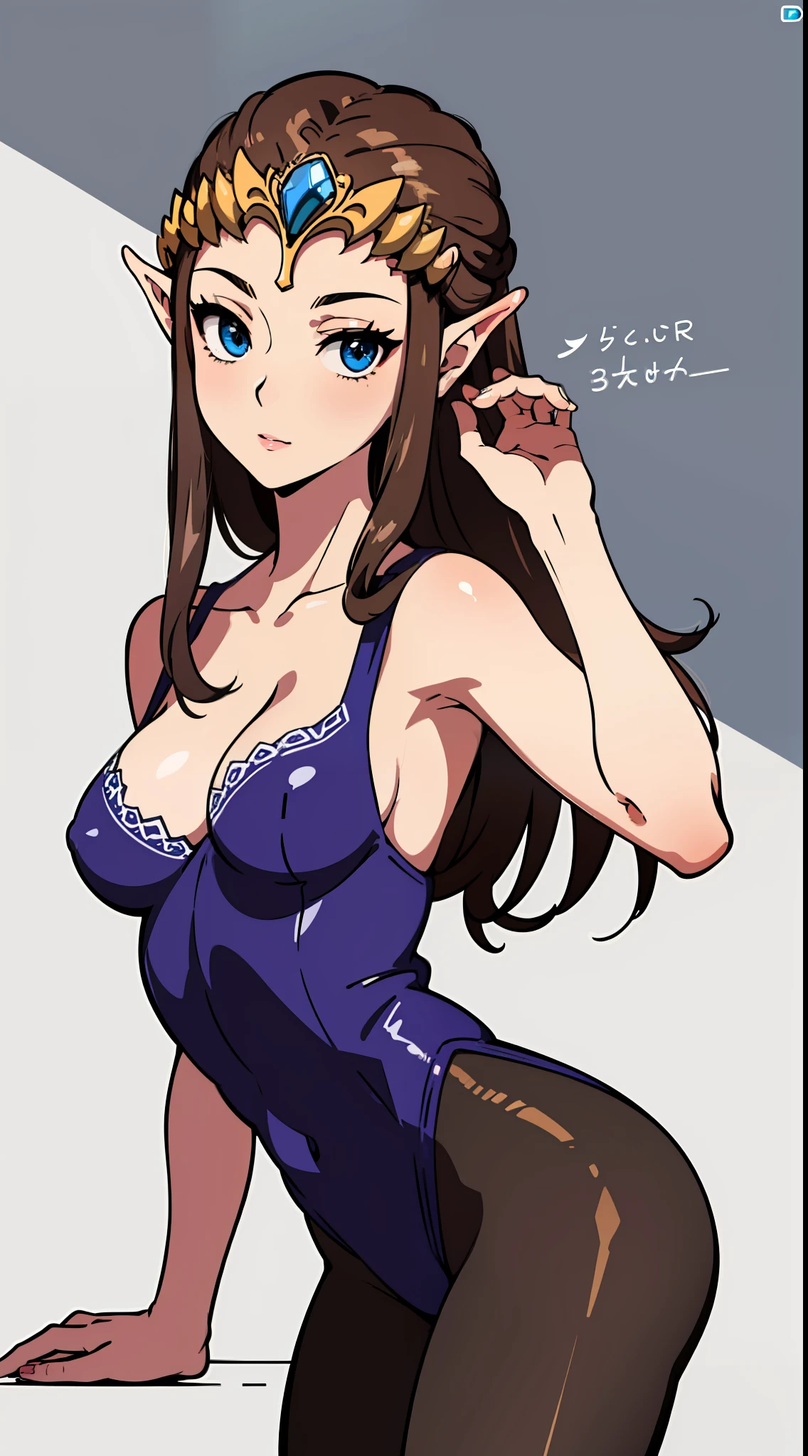 8K high quality, high accuracy, princess zelda, beautiful figure, beautiful face, small face, twilight princess, beautiful, office worker outfit, black suit, gray net tights, bright, highlights in eyes, blue eyes, small ears, brown hair, sexy, super big breasts, erotic, illustration, beautiful line drawing. Beautiful line drawing.