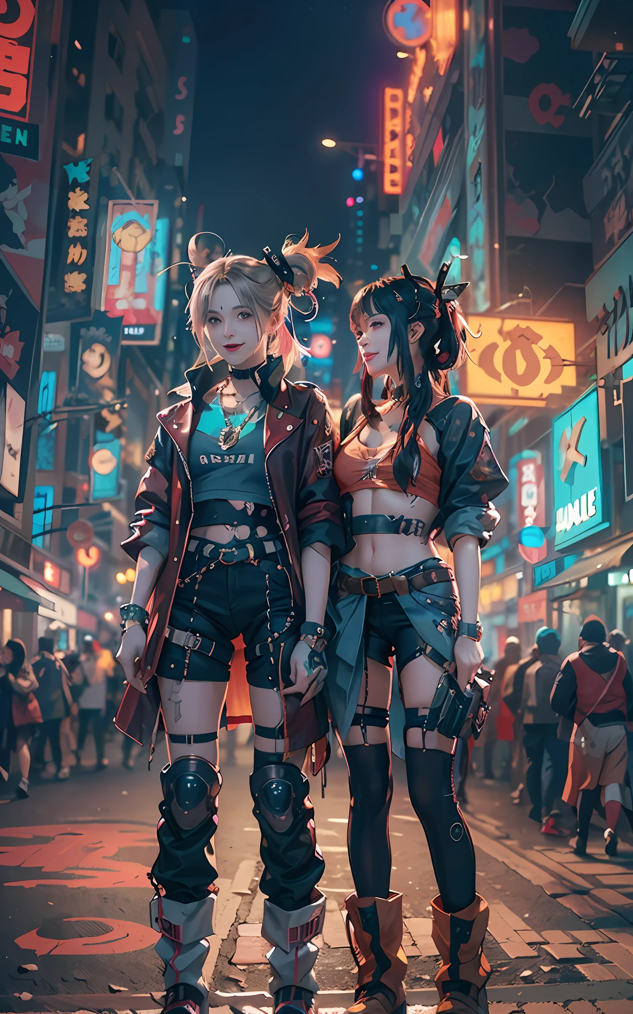 masterpiece, best quality, 2 ((smiling)) cyberpunk girls standing together, Harajuku-inspired cyberpunk body harness, bold colors and patterns, eye-catching accessories, trendy and innovative hairstyle, dazzling Cyberpunk cityscape, skyscrapers, neon signs, LED lights, bright and vivid color scheme, anime, illustration, detailed skin texture, detailed cloth texture, beautiful detailed face, intricate details, ultra detailed, cinematic lighting, dark shadows.