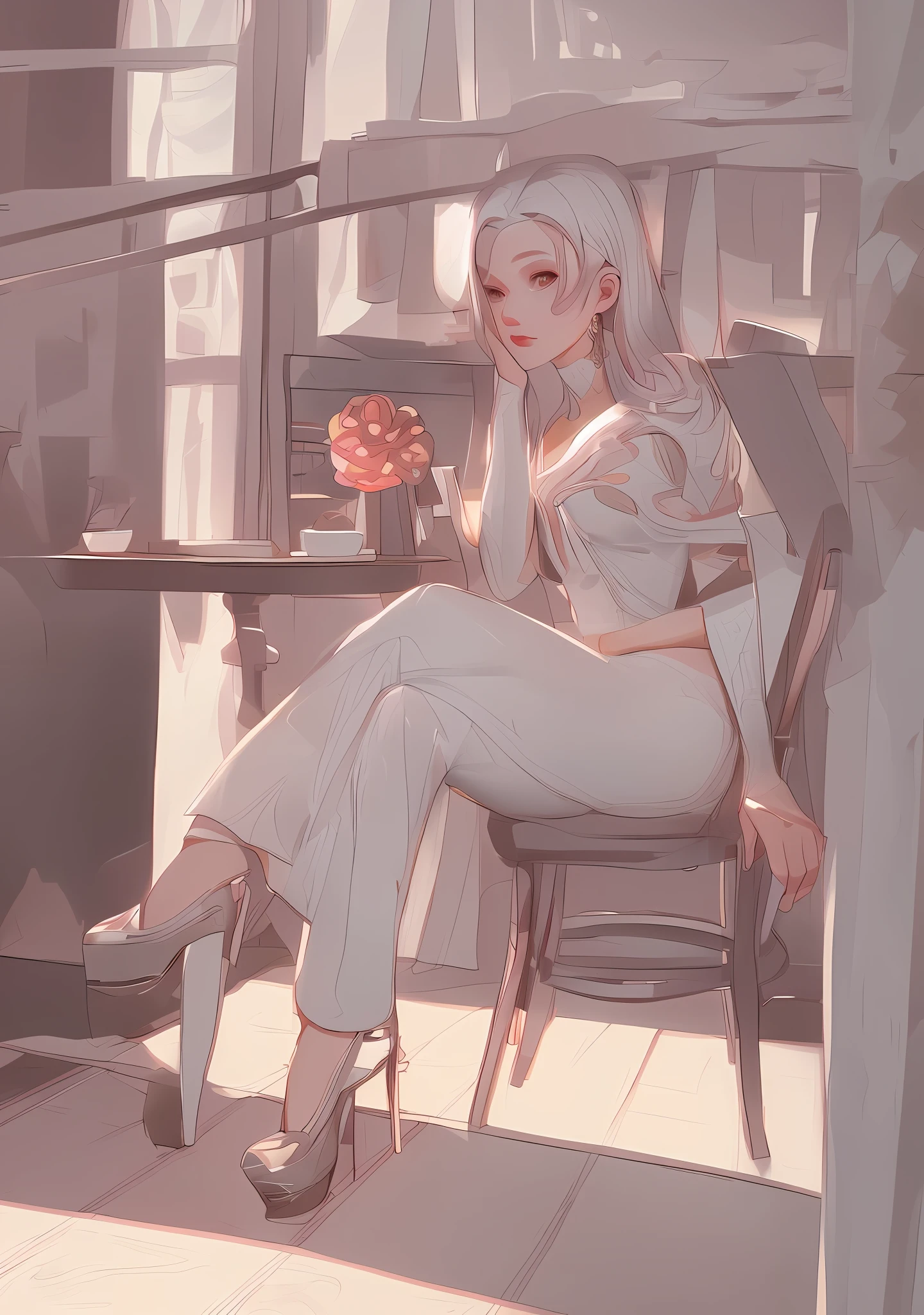 painting of a woman sitting in a chair in a cafe, in style of digital illustration, in style of digital painting, digital art of an elegant, style digital painting, stylized digital illustration, in the art style of bowater, style in digital painting, drawn with photoshop, digital illustration -, mysterious coffee shop girl, urban girl fanart, a beautiful artwork illustration,, beautiful line art, detailed manga style, extremely fine ink lineart,exquisite line art, perfect lineart,exquisite line art, exquisite digital illustration, detailed digital drawing,digital anime illustration, a beautiful artwork illustration, detailed matte fantasy portrait, beautiful line art, great digital art with details, goddess. extremely high detail, 4k detailed digital art, stunning digital illustration, digital fantasy illustration,((Best quality)), ((masterpiece)), (detailed:1.4), 3D, an image of a beautiful female,HDR (High Dynamic Range),Ray Tracing,NVIDIA RTX,Super-Resolution,Unreal 5,Subsurface scattering,PBR Texturing,Post-processing,Anisotropic Filtering,Depth-of-field,Maximum clarity and sharpness,Multi-layered textures,Albedo and Specular maps,Surface shading,Accurate simulation of light-material interaction,Perfect proportions,Octane Render, Two-tone lighting,Wide aperture,Low ISO,White balance,Rule of thirds,8K RAW,subsurface scattering, best ratio of four fingers and one thumb,