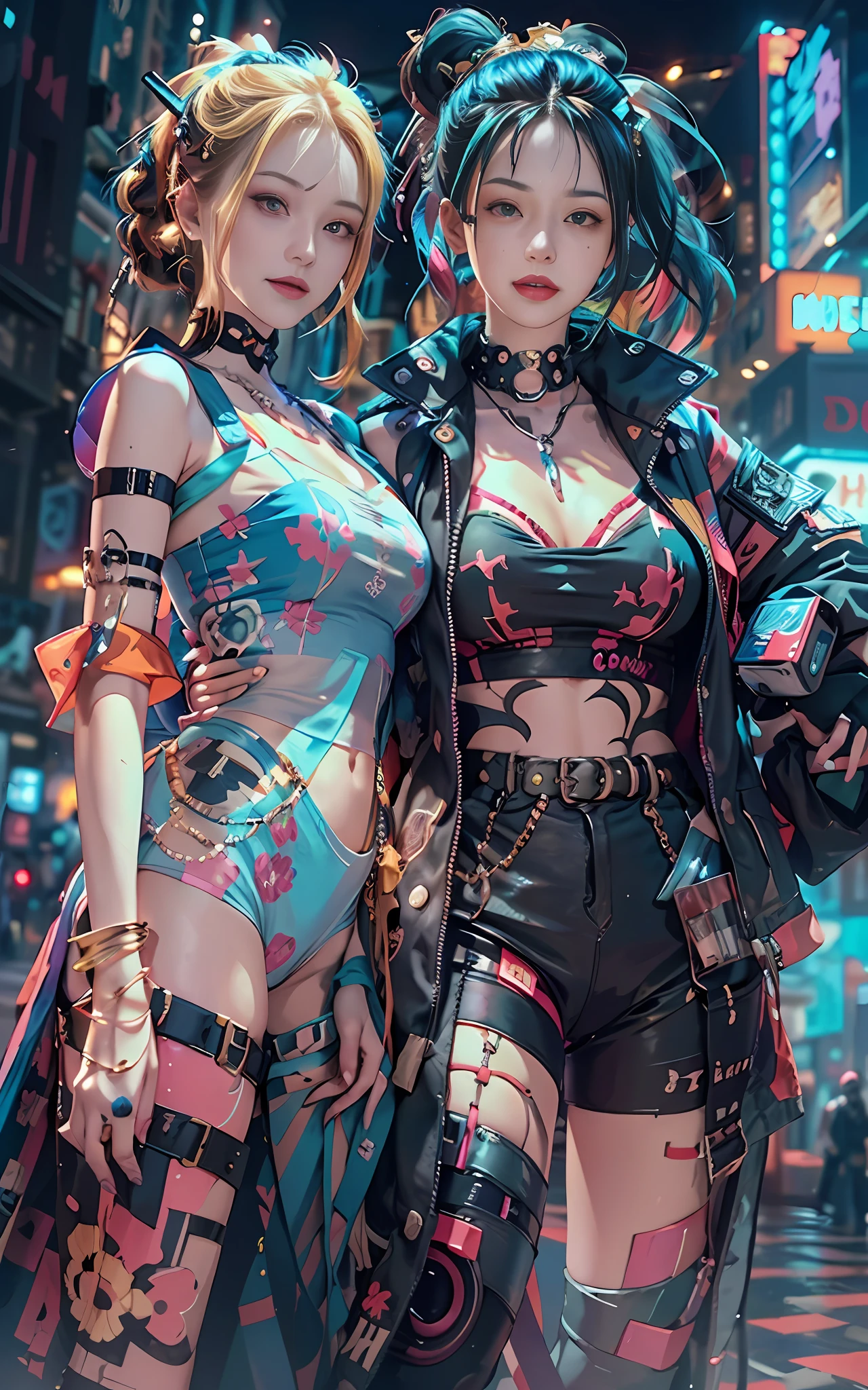 masterpiece, best quality, 2 ((smiling)) cyberpunk girls standing together, Harajuku-inspired cyberpunk body harness, bold colors and patterns, eye-catching accessories, trendy and innovative hairstyle, dazzling Cyberpunk cityscape, skyscrapers, neon signs, LED lights, bright and vivid color scheme, anime, illustration, detailed skin texture, detailed cloth texture, beautiful detailed face, intricate details, ultra detailed, cinematic lighting, dark shadows.