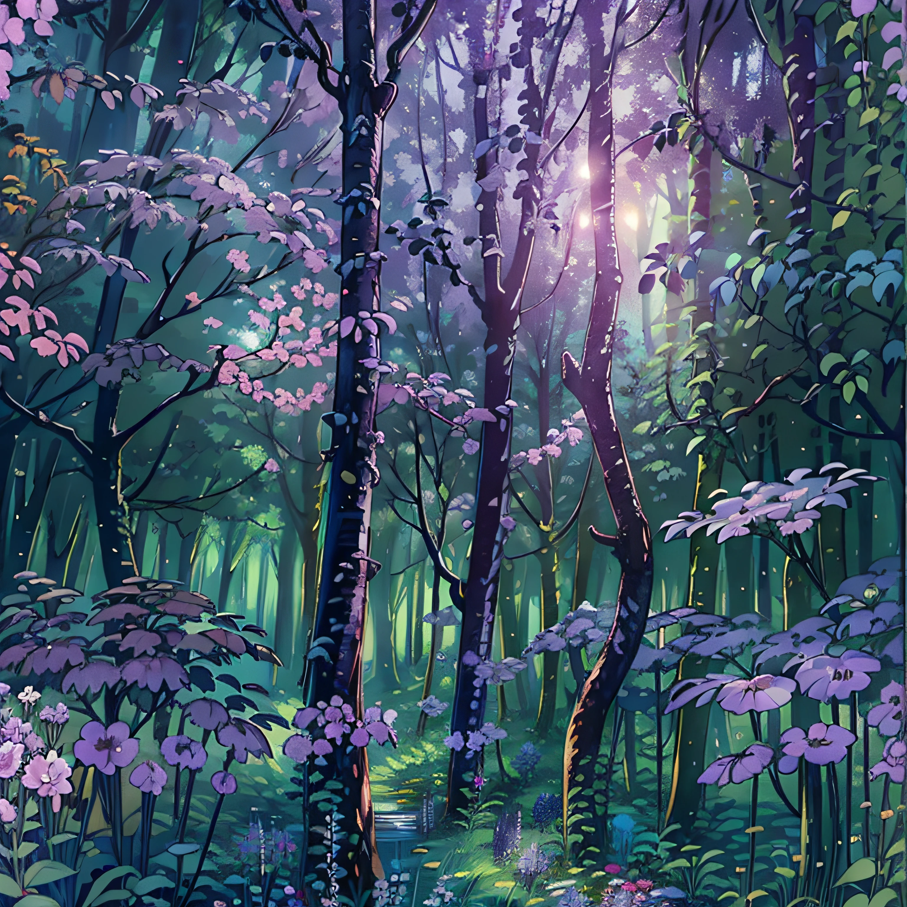 Enchanted forest with an ethereal aspect, towering trees, and a gentle purple light, creating a comfortable ambiance.