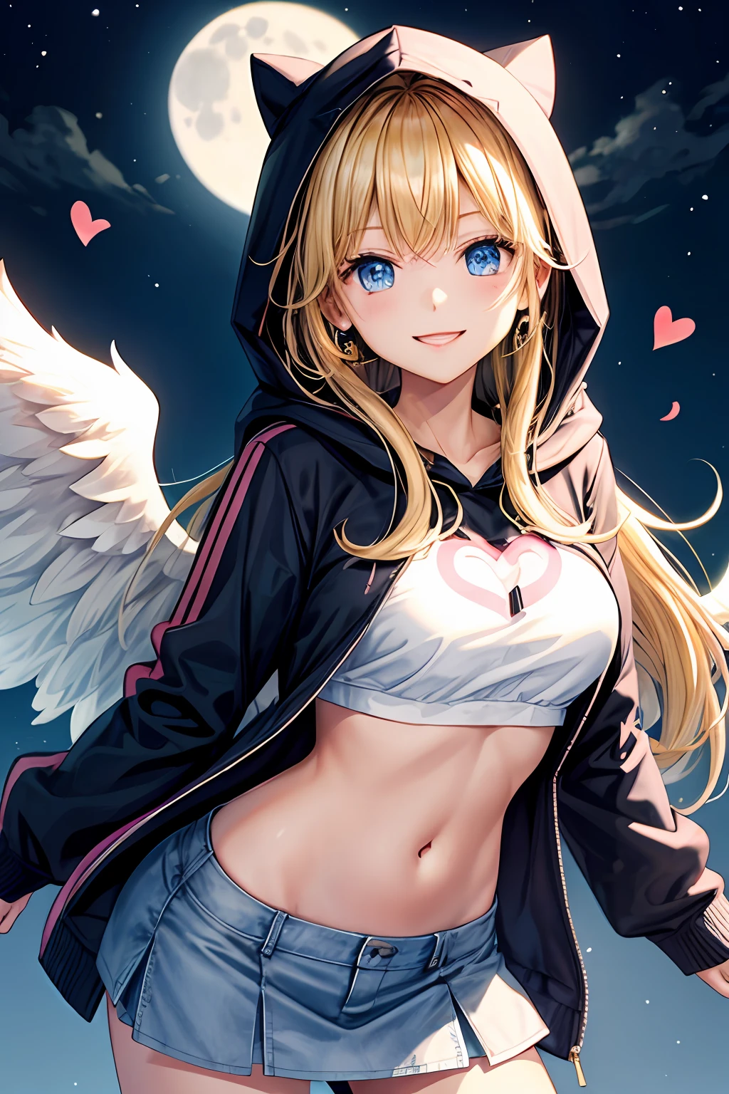 gold hair, Long hair, blue eyes, Miniskirt, Parka, pink Earring, Angel wings, Heart logo, A big smile, White wings, Navel, Futomo, Navel out, Put on the hoodie hood, moon light