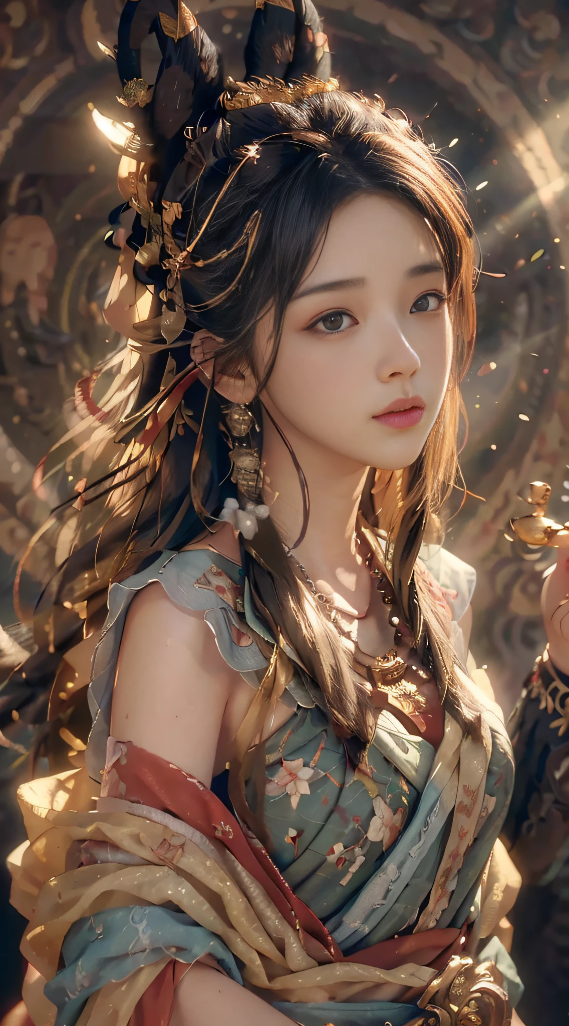 (RAW photo, best quality), (realistic, photo-realistic:1.3),best quality,highly detailed,masterpiece,ultra-detailed,illustration,1girl,upper_body,dynamic angle,world masterpiece theater,messy_long_hair,best quality,extremely detailed CG unity 8k wallpaper,ink,Amazing,cinematic lighting,lens_flare, dunhuang_style