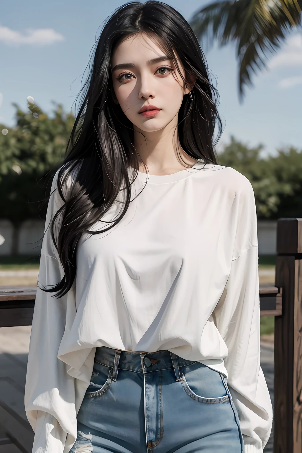 Black hair,adolable， Super detail in 8K, Best quality, high resolution, Pure beauty，White top，denim pant，tall nose bridge，The upper part of the body