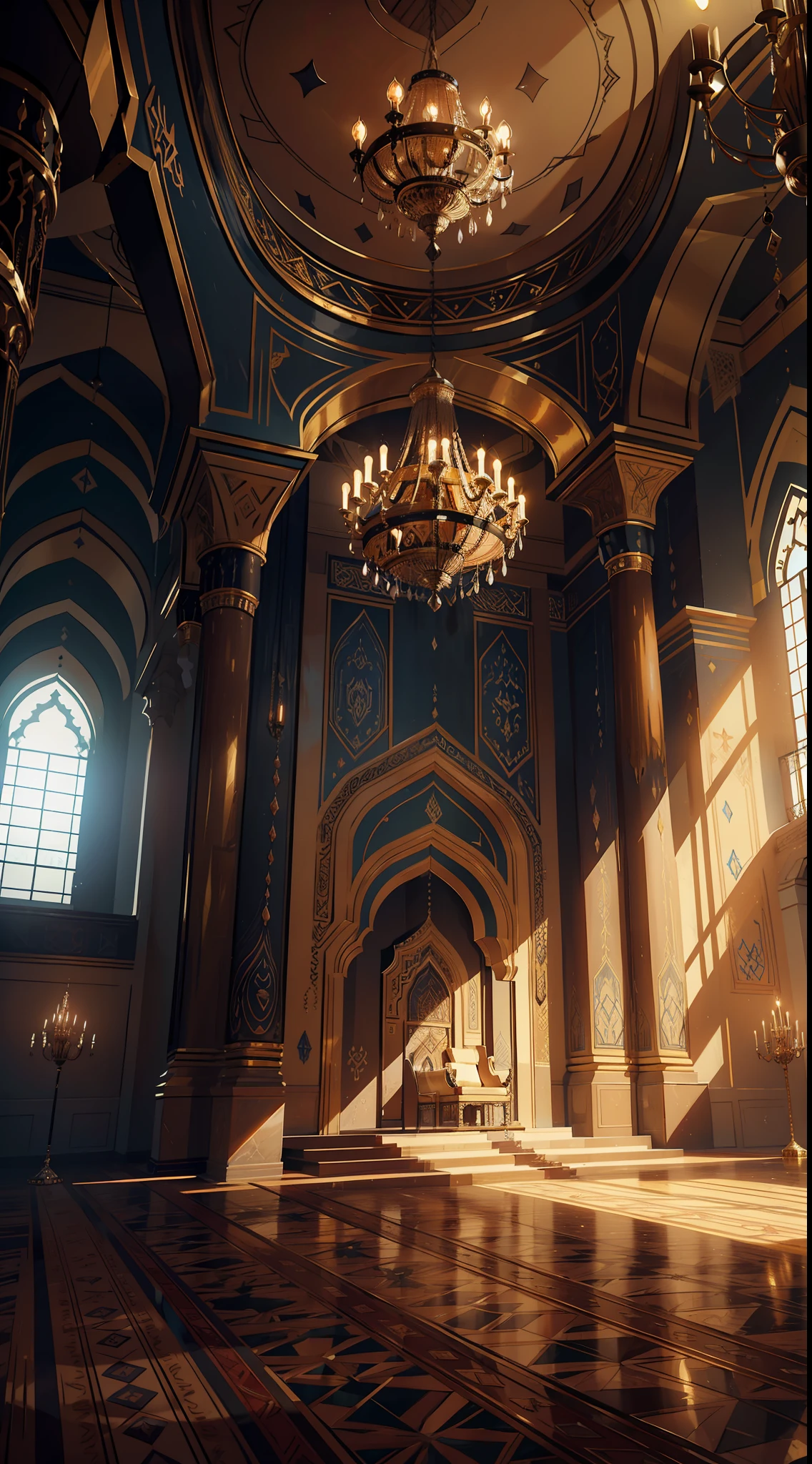 a close up of a large room with a chandelier and a chandelier, inside a palace, inside a grand ornate room, mosque interior, moroccan mosque, islamic interior design, dark majestic ornate great hall, islamic architecture, arabic architecture, cyberpunk mosque interior, unreal engine 5 render dramatic, in a throne room, exquisitely designed throne room, moorish architecture, throne silhouette