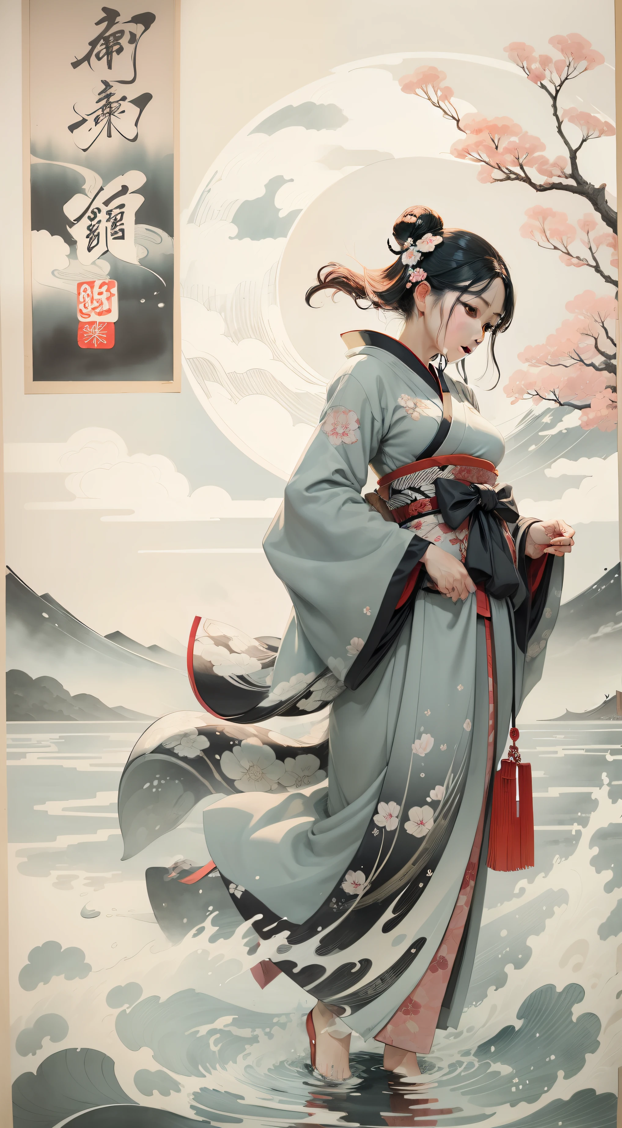 ukiyoe painting、Beautiful woman in Japanese clothes、ink and watercolor painting、Exercise、black-and-white、flowingwater、drak 、Flowing clouds、a moon