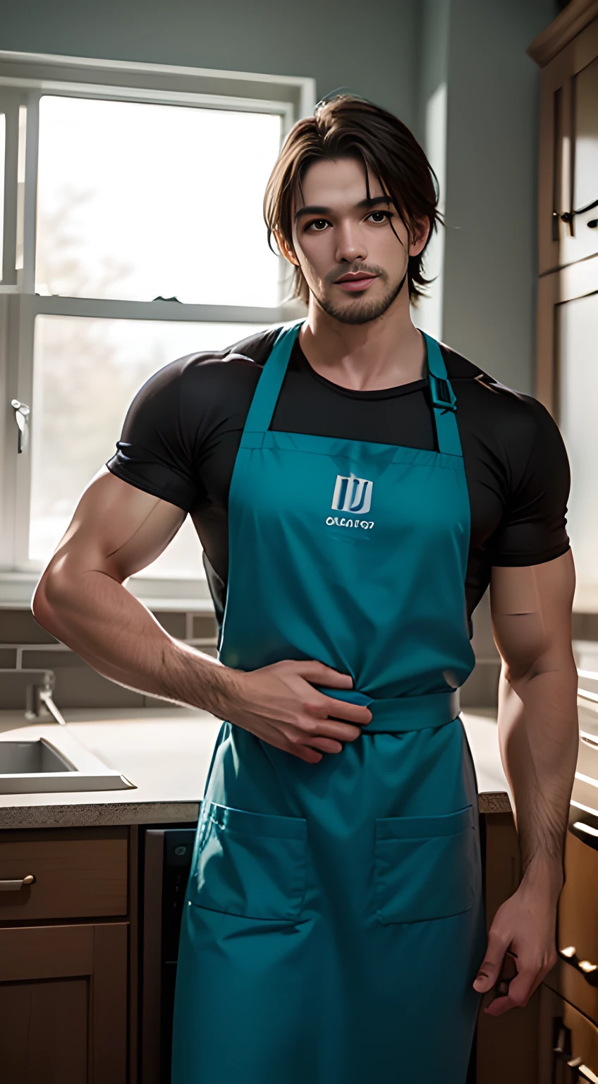 ((Men only)), (cowboy Shot), (Handsome muscular man in green Apron in the kitchen), Leon Kennedy, Mischievous smile, (detaile: 1 in 1), Natural muscles, HIG quality, beautidful eyes, (Detailed face and eyes), (Face、: 1 / 2), Noise, Real Photographics、... ....................................................................................PSD, Sharp Focus, High resolution 8K, realisitic & Professional Photography, 8K UHD, Soft lighting, High quality, Film grain, FujifilmXT3
